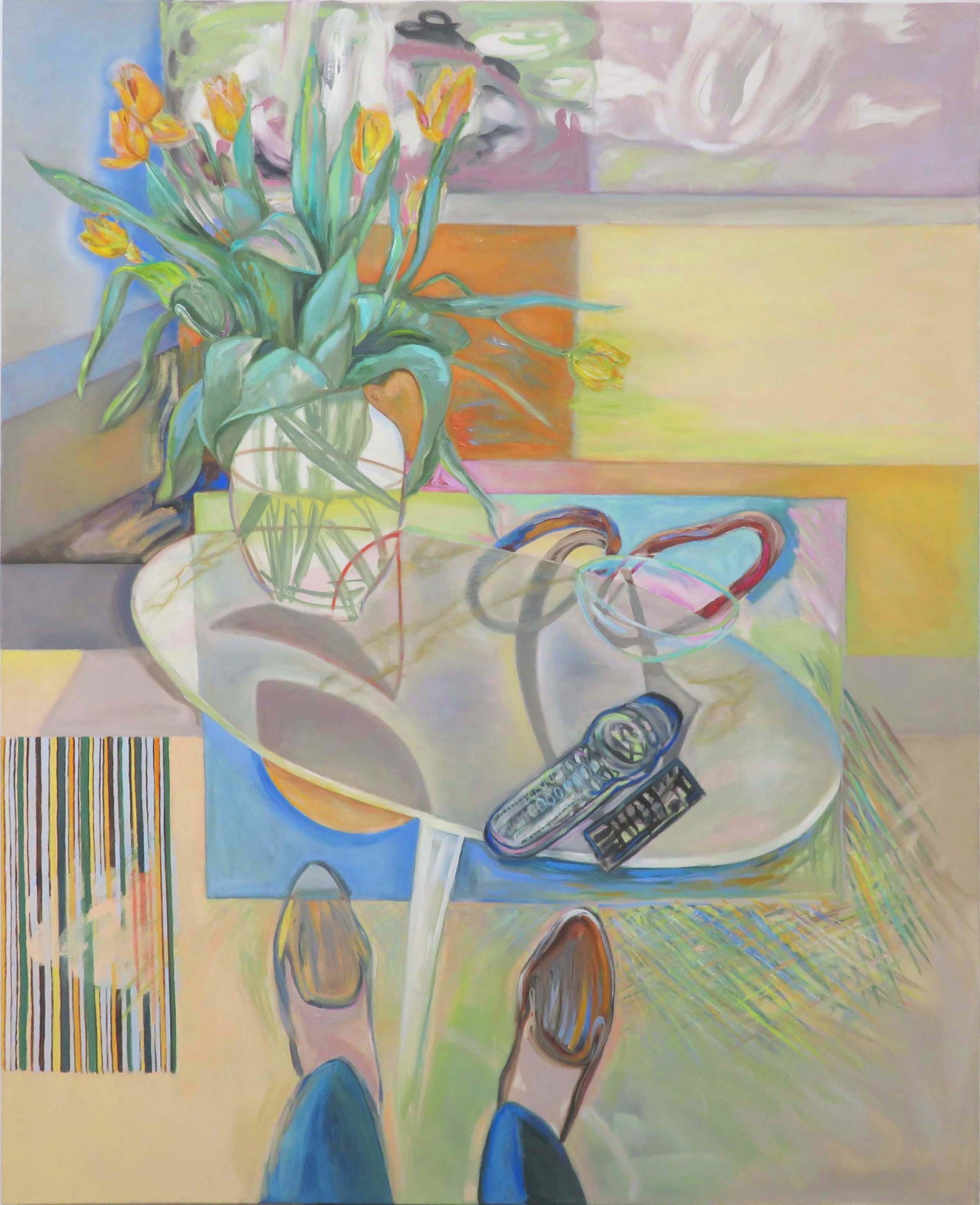 Marilyn Davidson Abstract Painting - "The Diarist's Journal" time travels a still life in yellows, blues, and greens