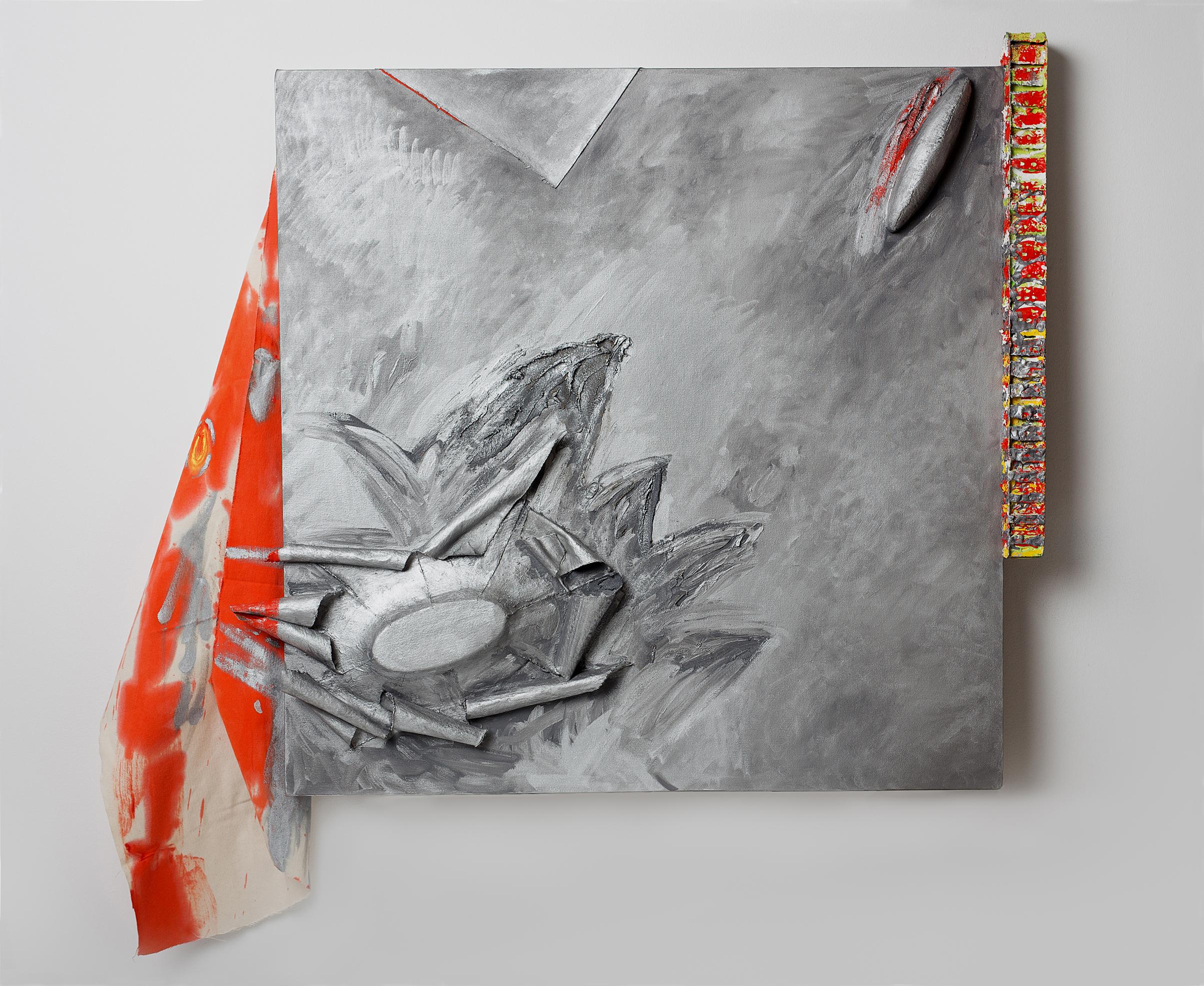 Marilyn Davidson Abstract Painting - "Turbine", painted in silvery metallic aluminum and fiery oranges