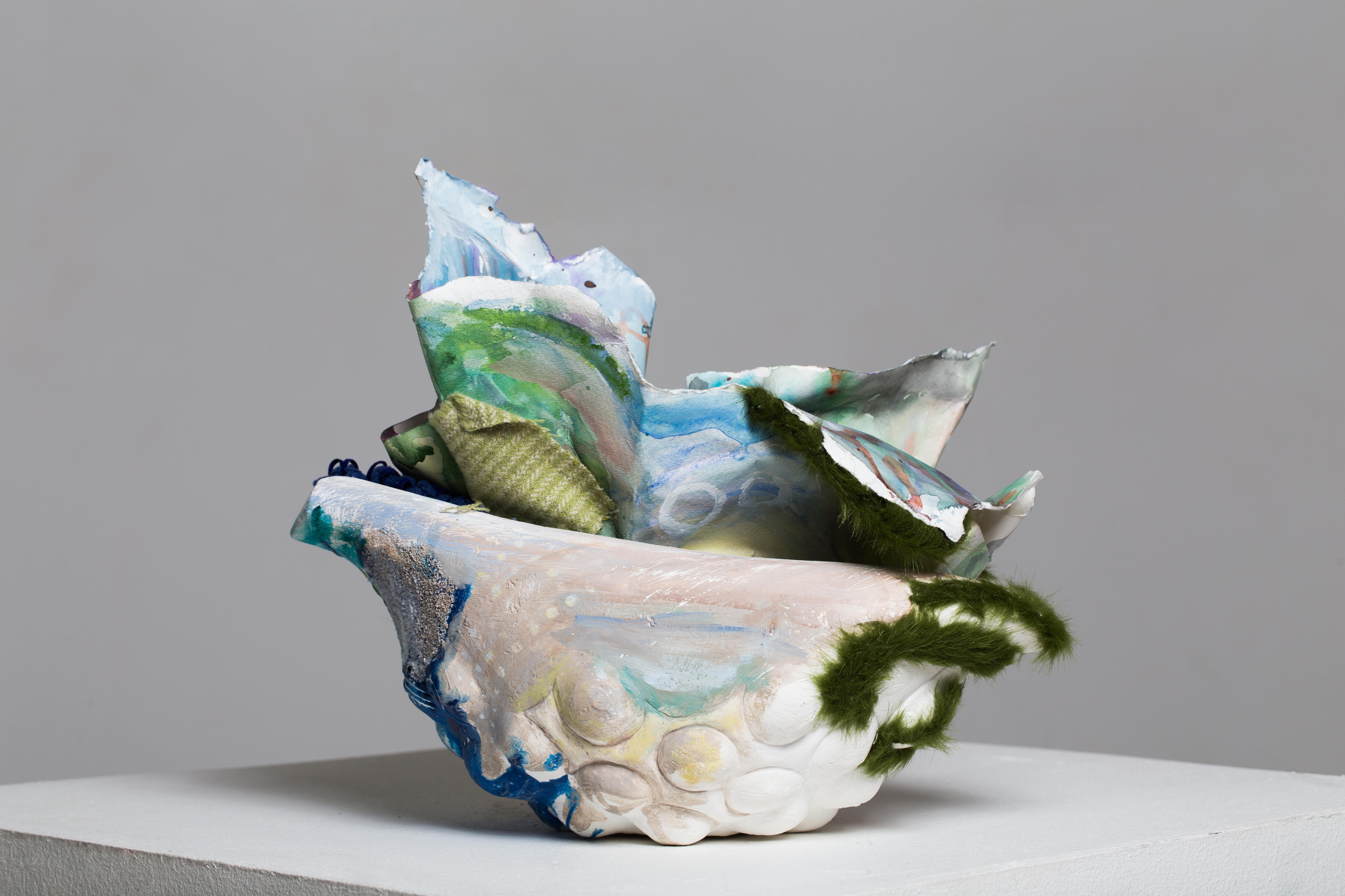 "The Sea", sculpture with sand, faux seaweed, shells and watercolor ‘waves’  - Mixed Media Art by Marilyn Davidson