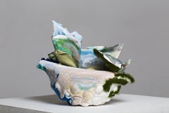 "The Sea", sculpture with sand, faux seaweed, shells and watercolor ‘waves’ 