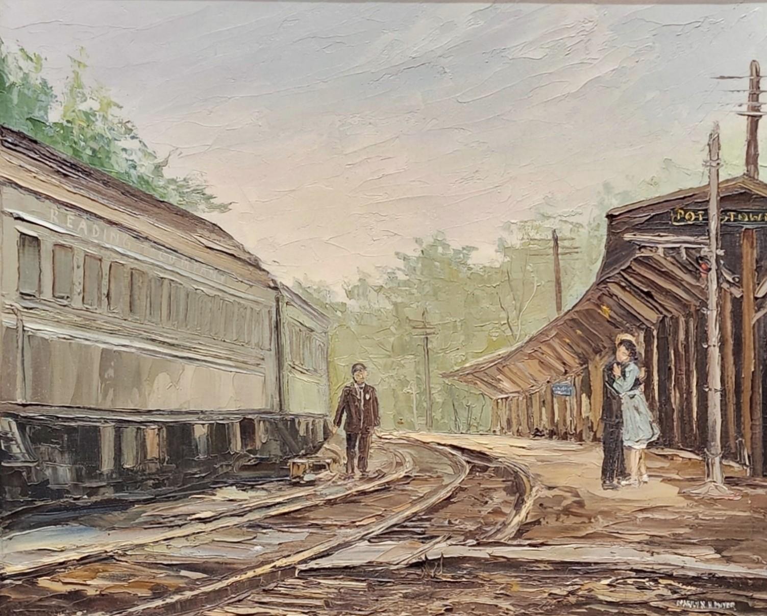 Until Next Time, Pottstown, Pennsylvania Train Station, Lovers Say Goodbye - Painting by Marilyn H. Dwyer