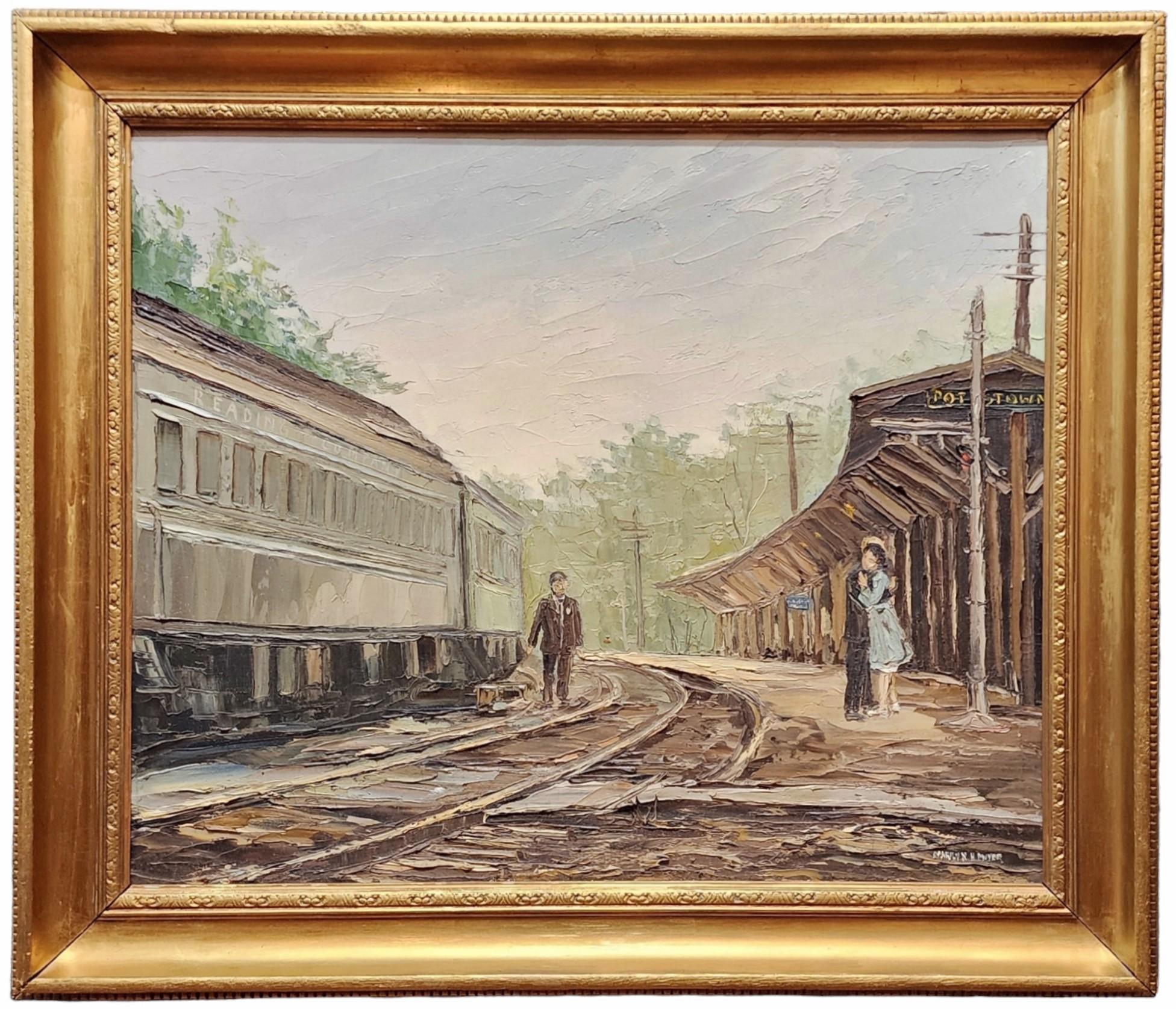 Marilyn H. Dwyer Landscape Painting - Until Next Time, Pottstown, Pennsylvania Train Station, Lovers Say Goodbye