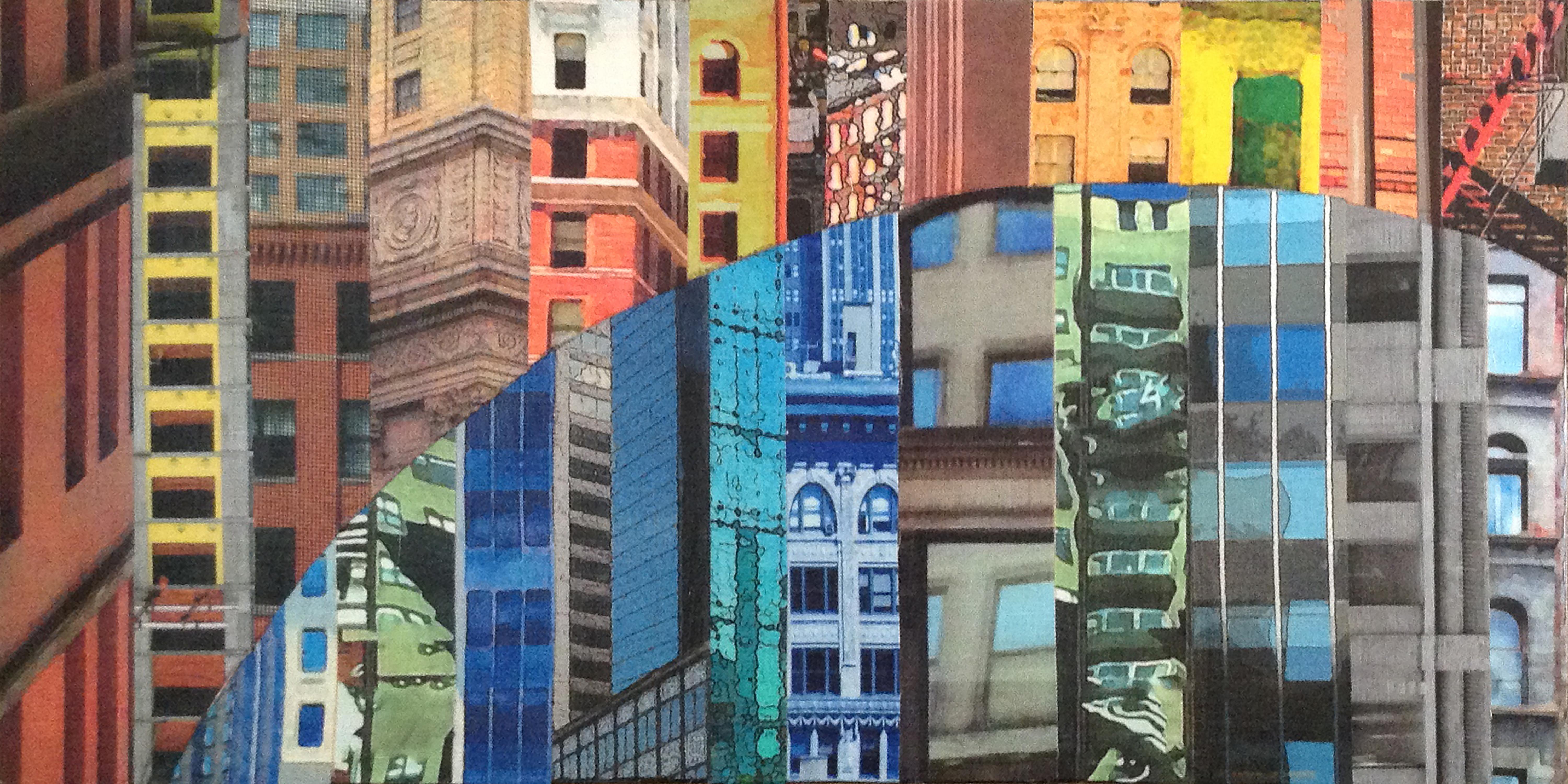 Patchwork City 19, tecnica mista su pannello di Wood - Mixed Media Art di Marilyn Henrion