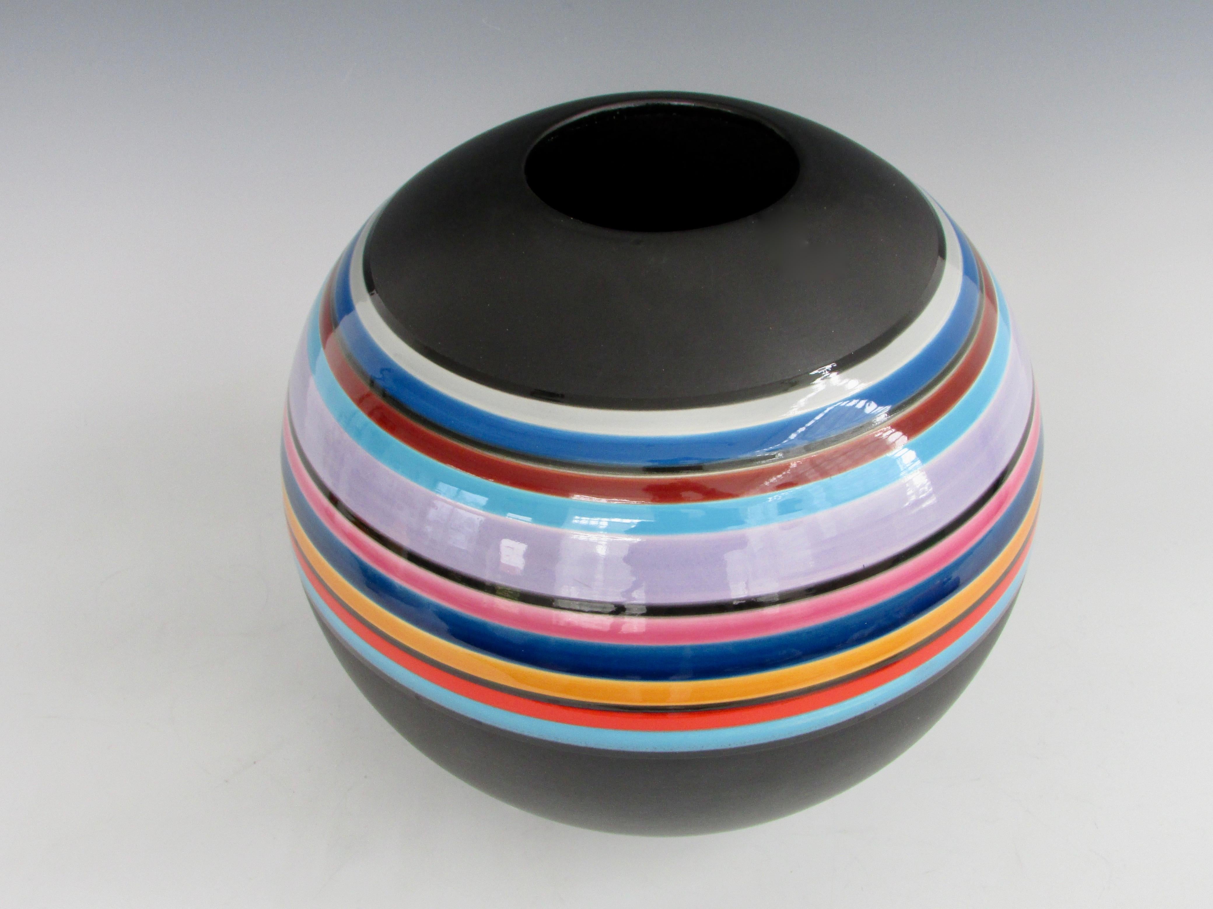 Marilyn Kay Austin Style Ball Shaped Matte Black with Multi Stripe Rainbow Vase For Sale 3
