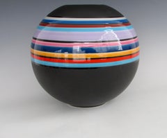 Marilyn Kay Austin Style Ball Shaped Matte Black with Multi Stripe Rainbow Vase