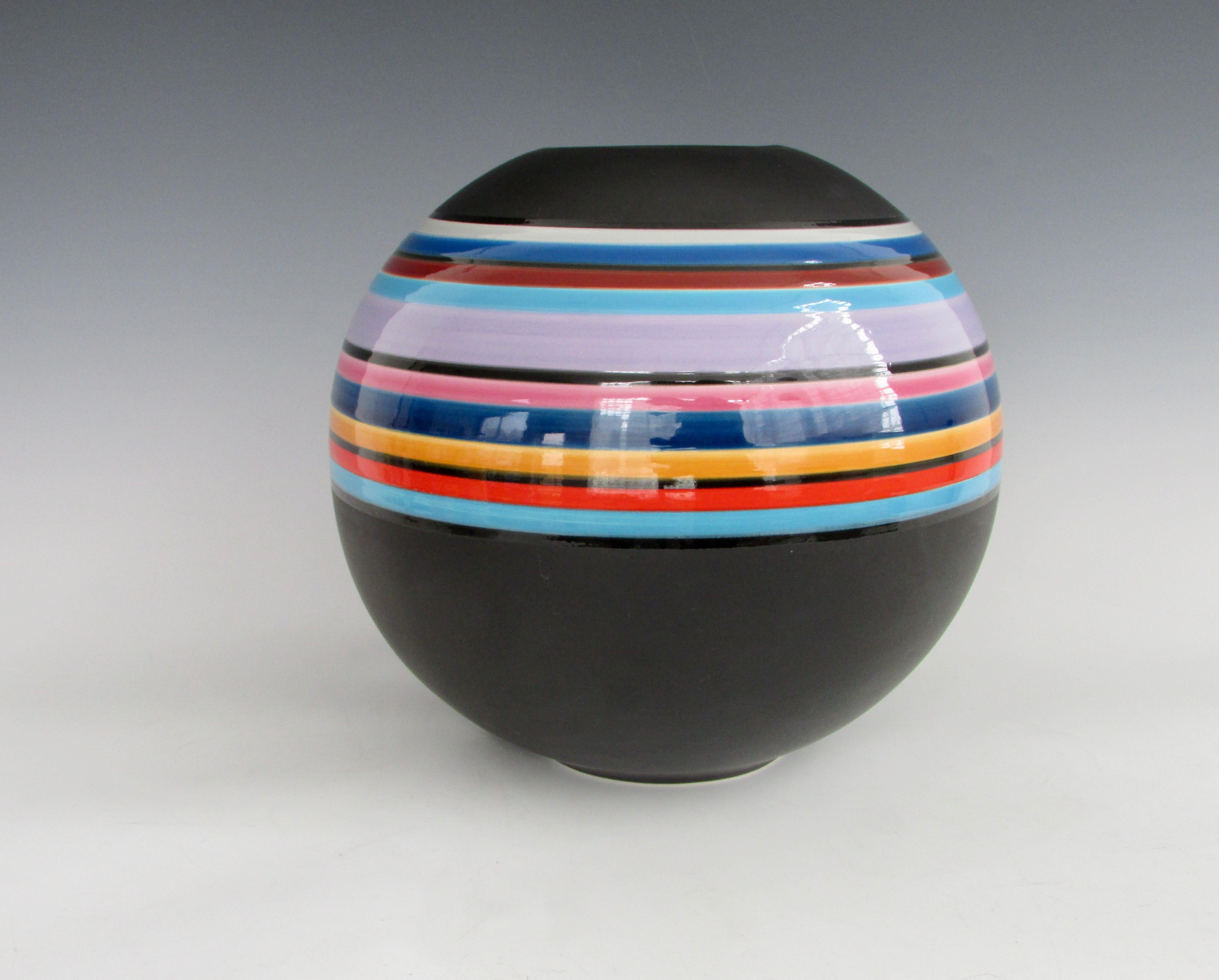 Mid-Century Modern Marilyn Kay Austin Style Ball Shaped Matte Black with Multi Stripe Rainbow Vase For Sale