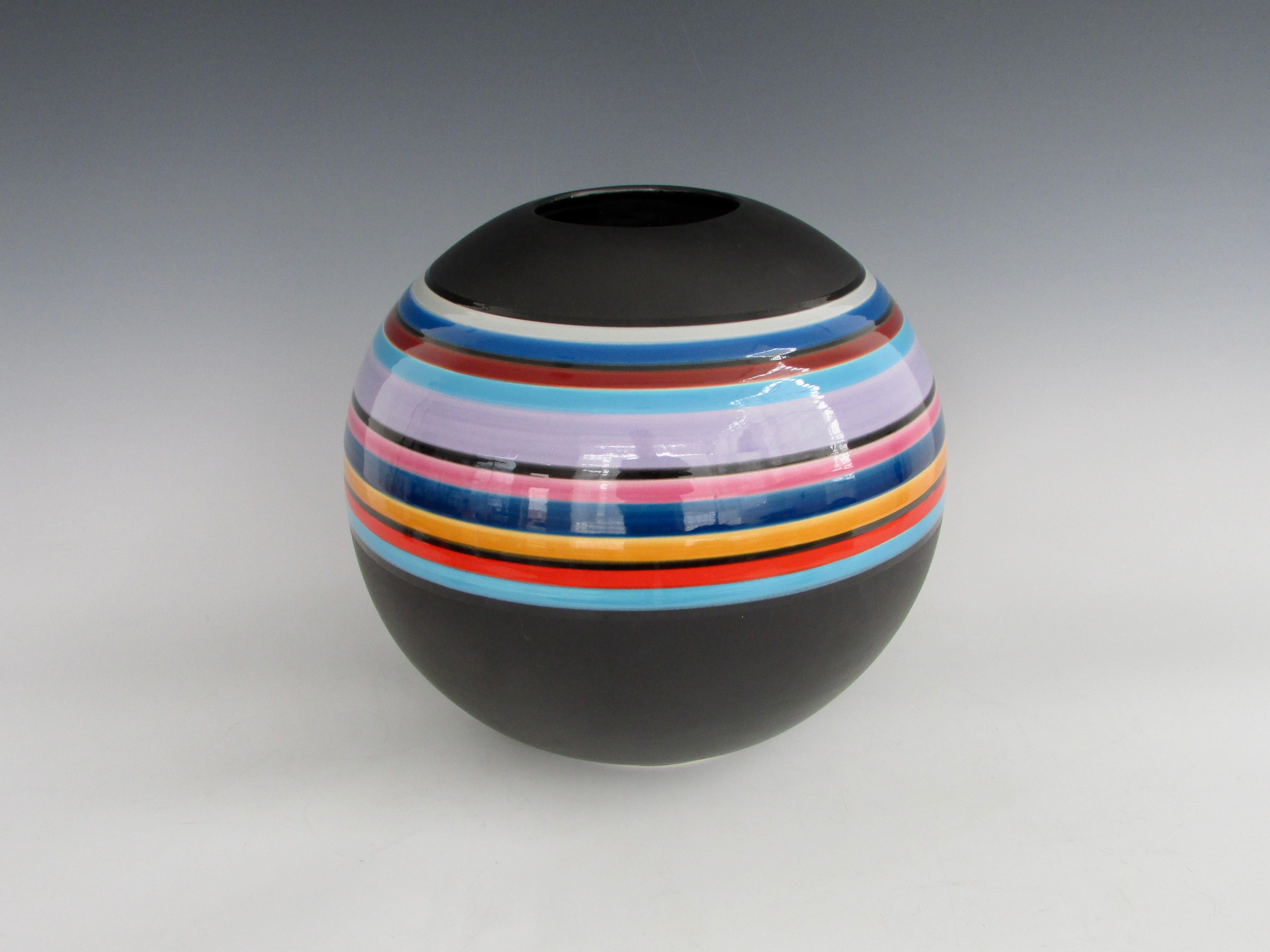 American Marilyn Kay Austin Style Ball Shaped Matte Black with Multi Stripe Rainbow Vase For Sale