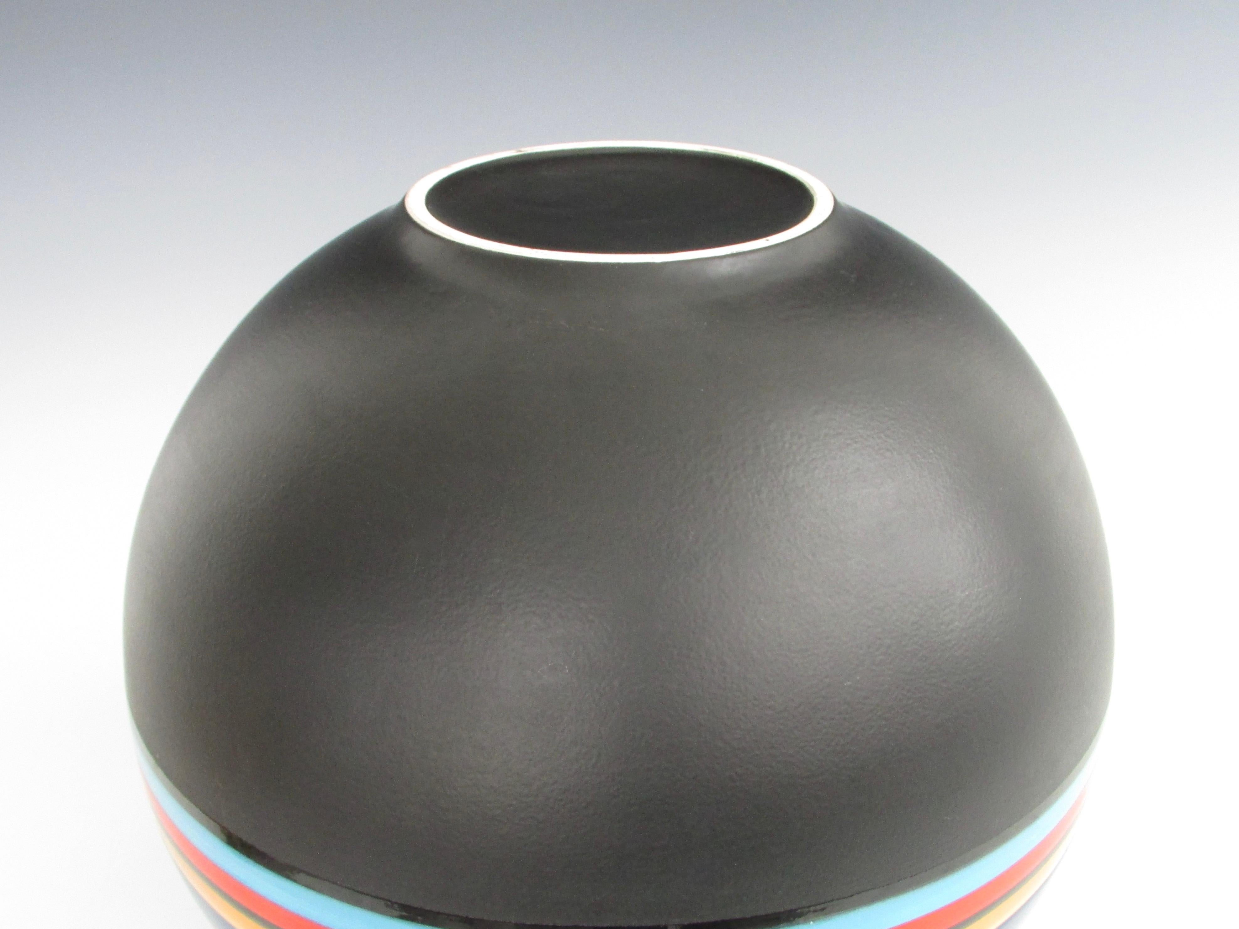 20th Century Marilyn Kay Austin Style Ball Shaped Matte Black with Multi Stripe Rainbow Vase For Sale