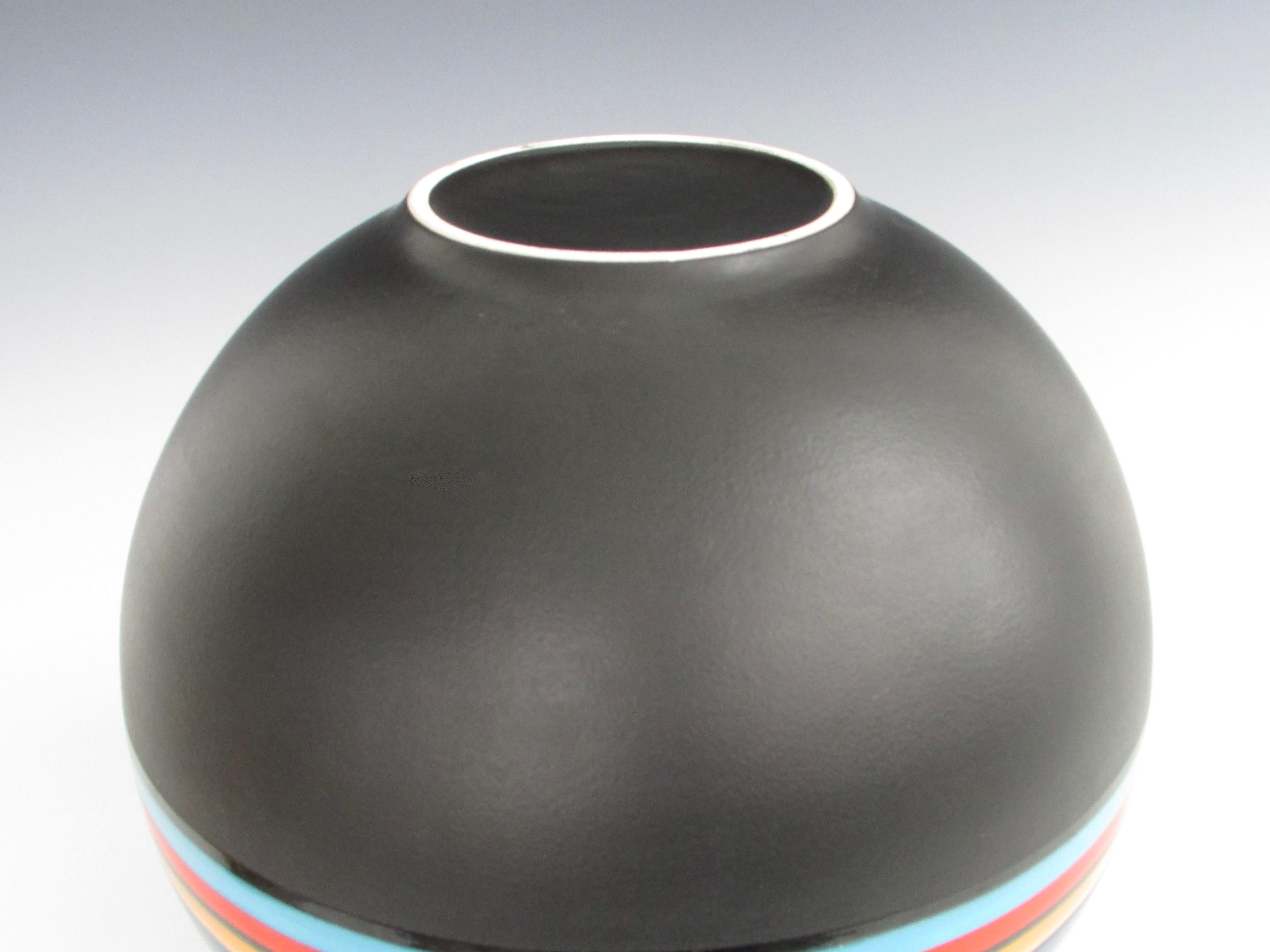 Pottery Marilyn Kay Austin Style Ball Shaped Matte Black with Multi Stripe Rainbow Vase For Sale