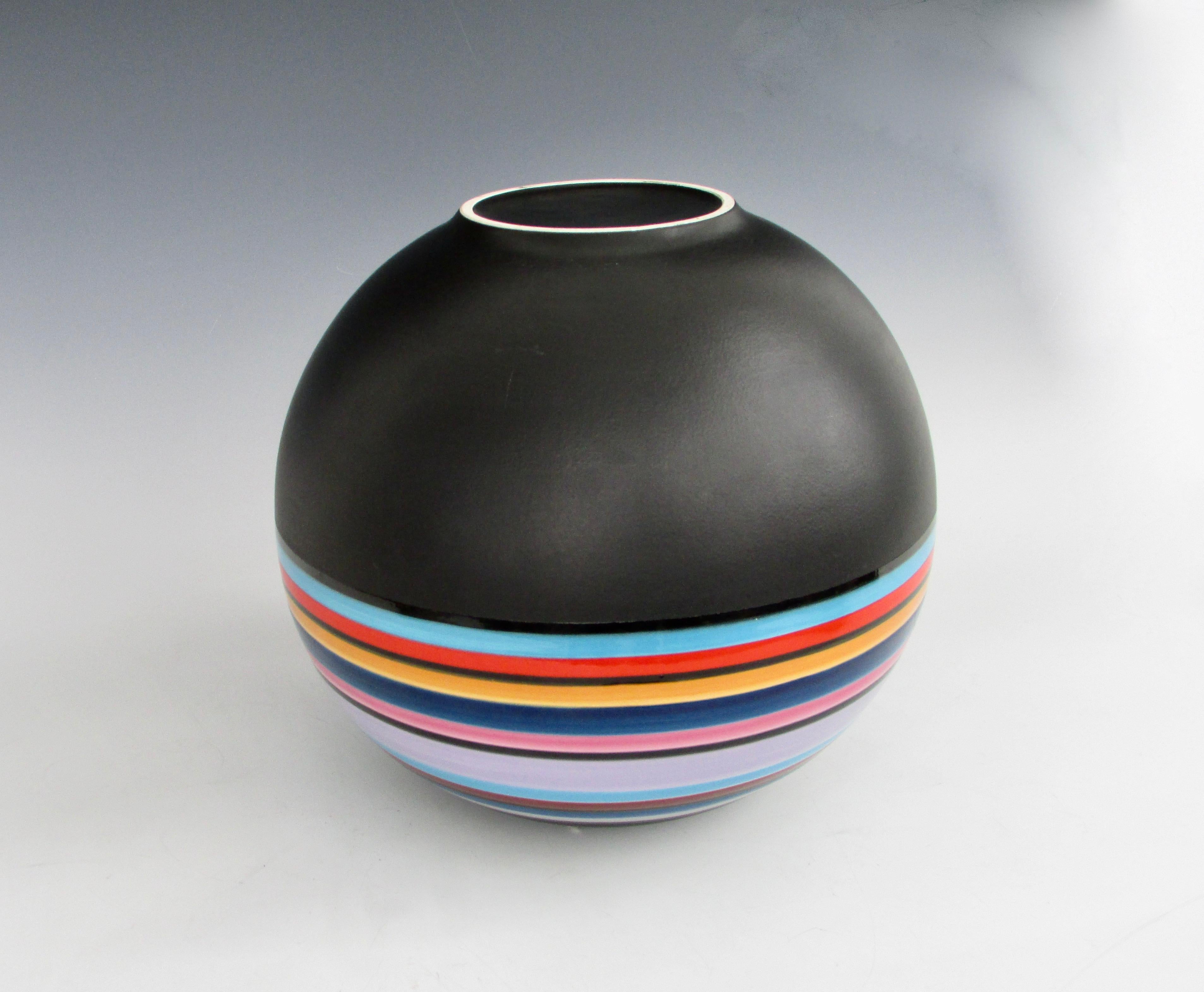 Marilyn Kay Austin Style Ball Shaped Matte Black with Multi Stripe Rainbow Vase For Sale 1