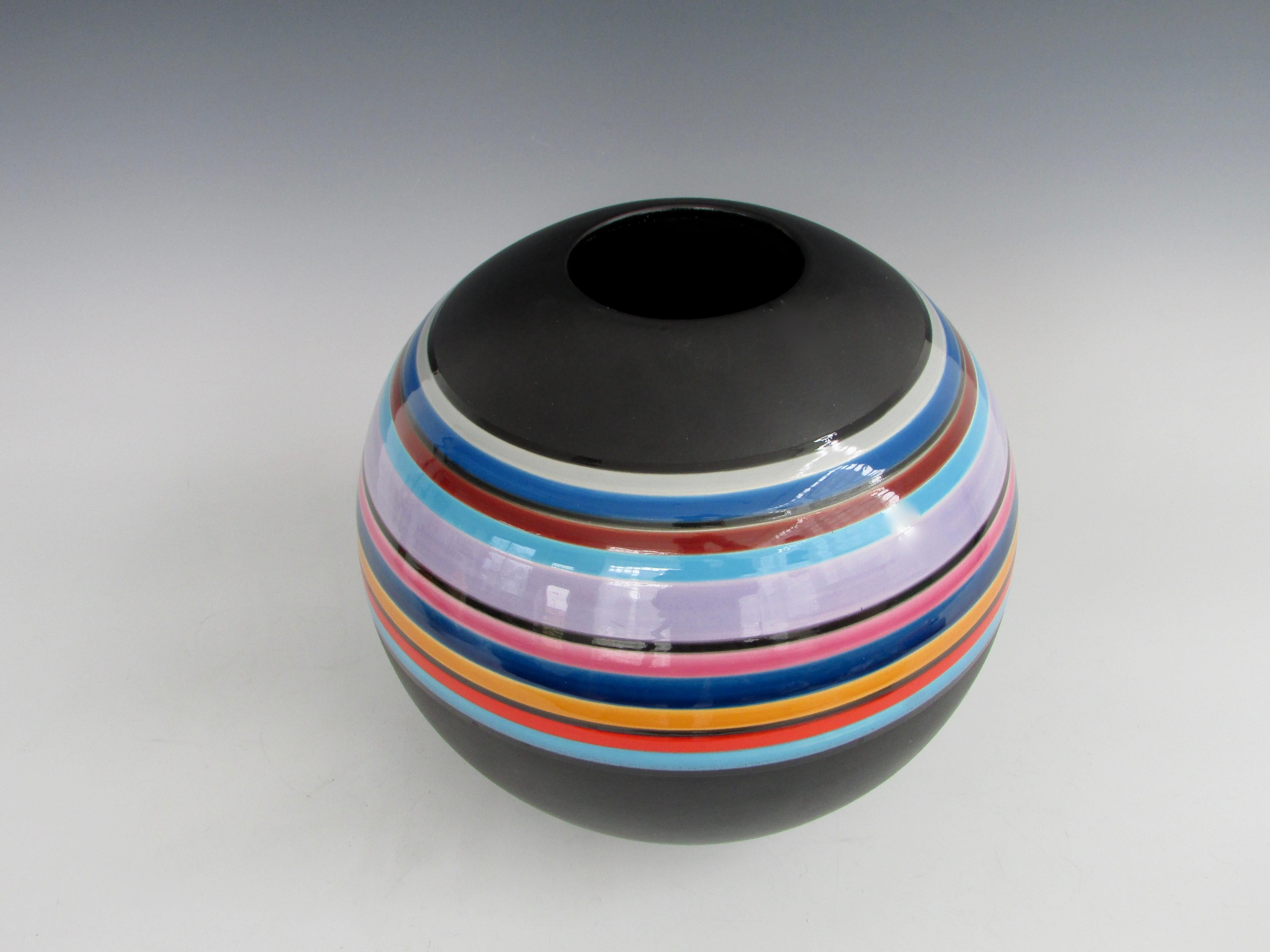Marilyn Kay Austin Style Ball Shaped Matte Black with Multi Stripe Rainbow Vase For Sale 2