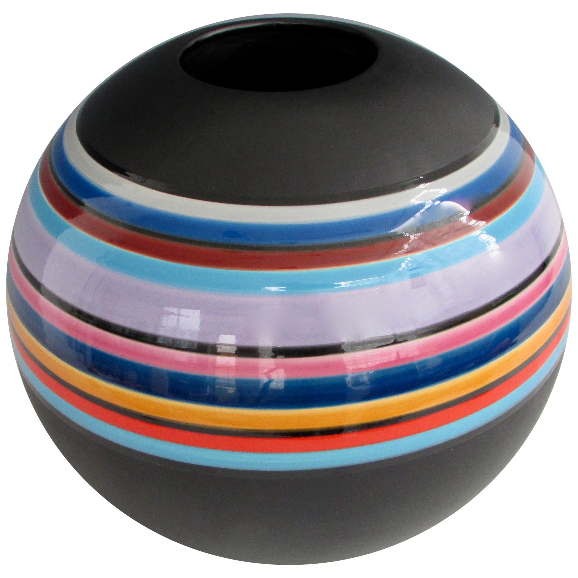 Marilyn Kay Austin Style Ball Shaped Matte Black with Multi Stripe Rainbow Vase For Sale