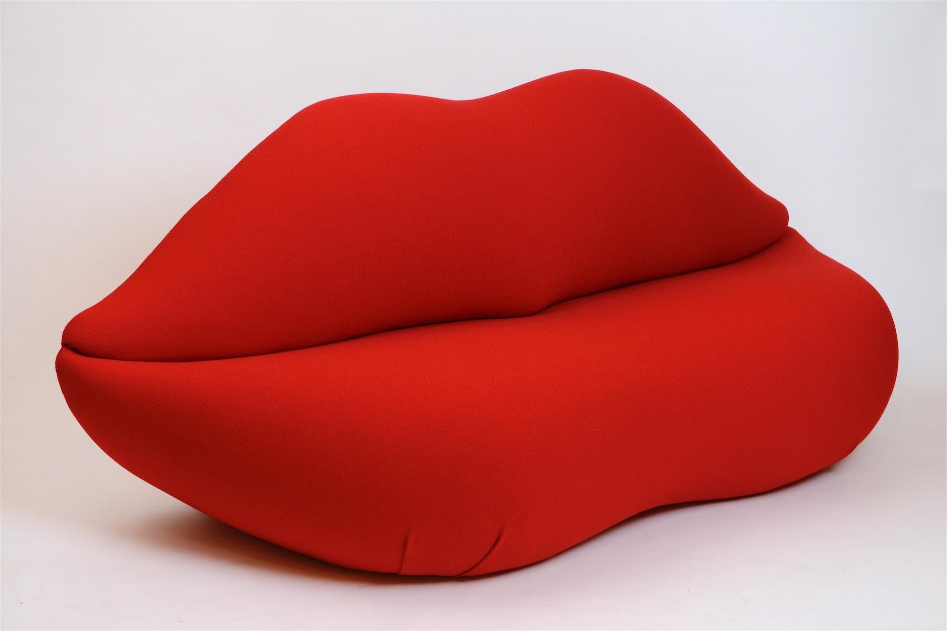 Re upholstered original 1970s 'Bocca' lips sofa. Based on the lips of Marilyn Monroe created as a tribute to Dalí by Studio 65 for Gufram, Italy, circa 1972.

This sofa has been re upholstered in Knoll mohair and wool fabric.

The original