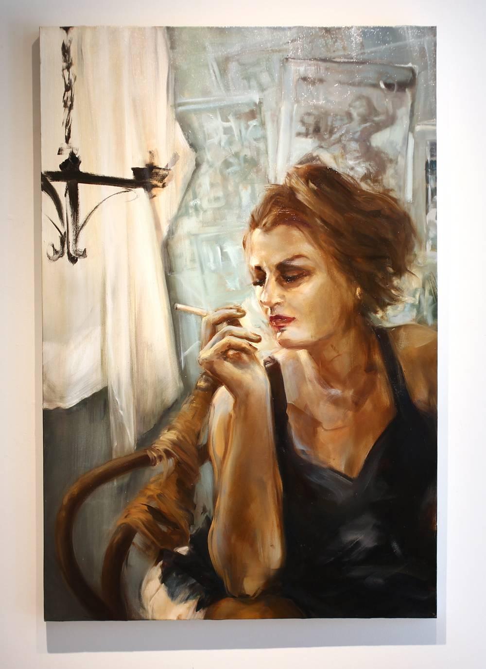 Cigarette White, figurative oil painting on canvas - Painting by Marilyn McAvoy