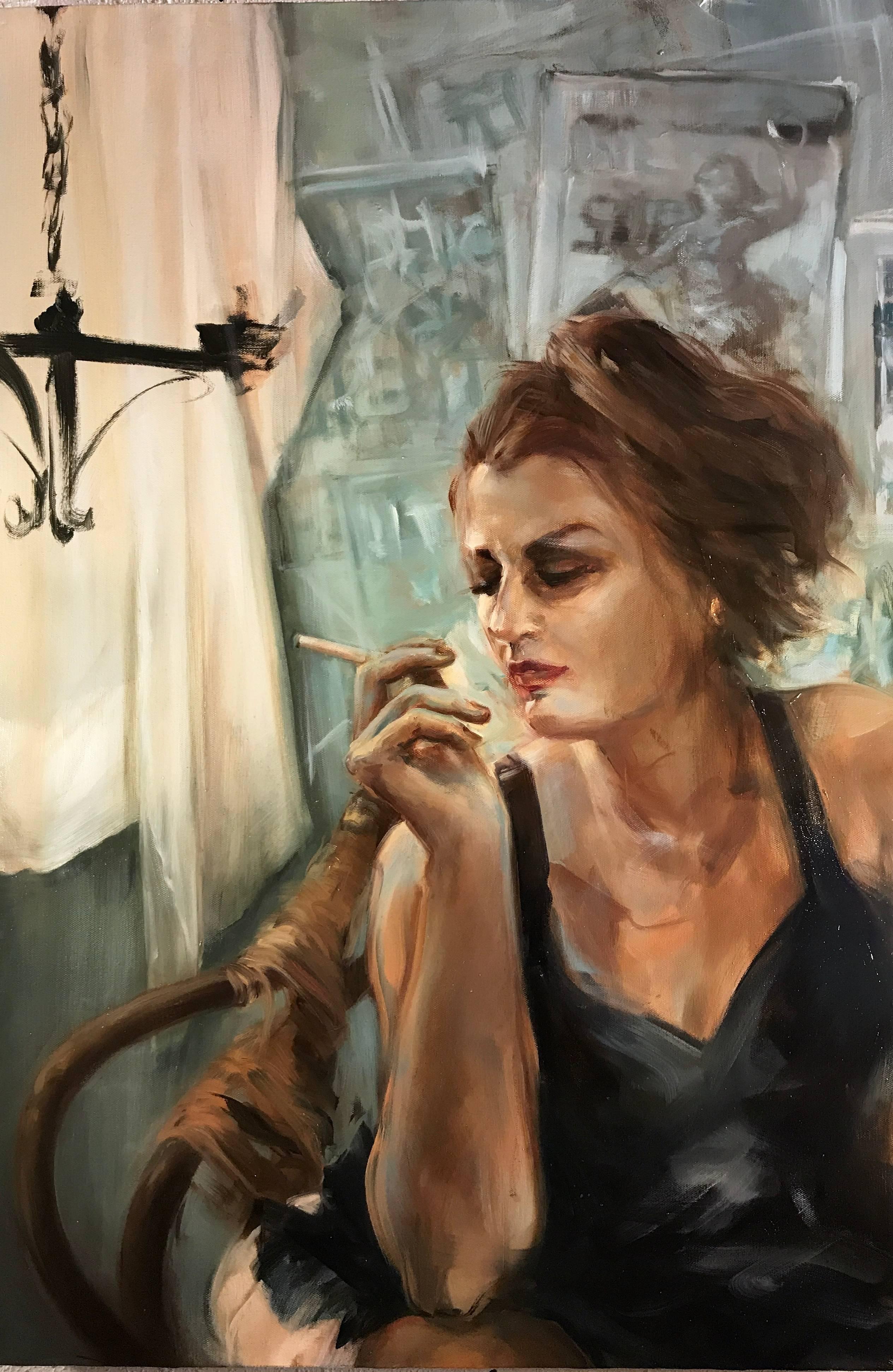 Marilyn McAvoy Figurative Painting - Cigarette White, figurative oil painting on canvas