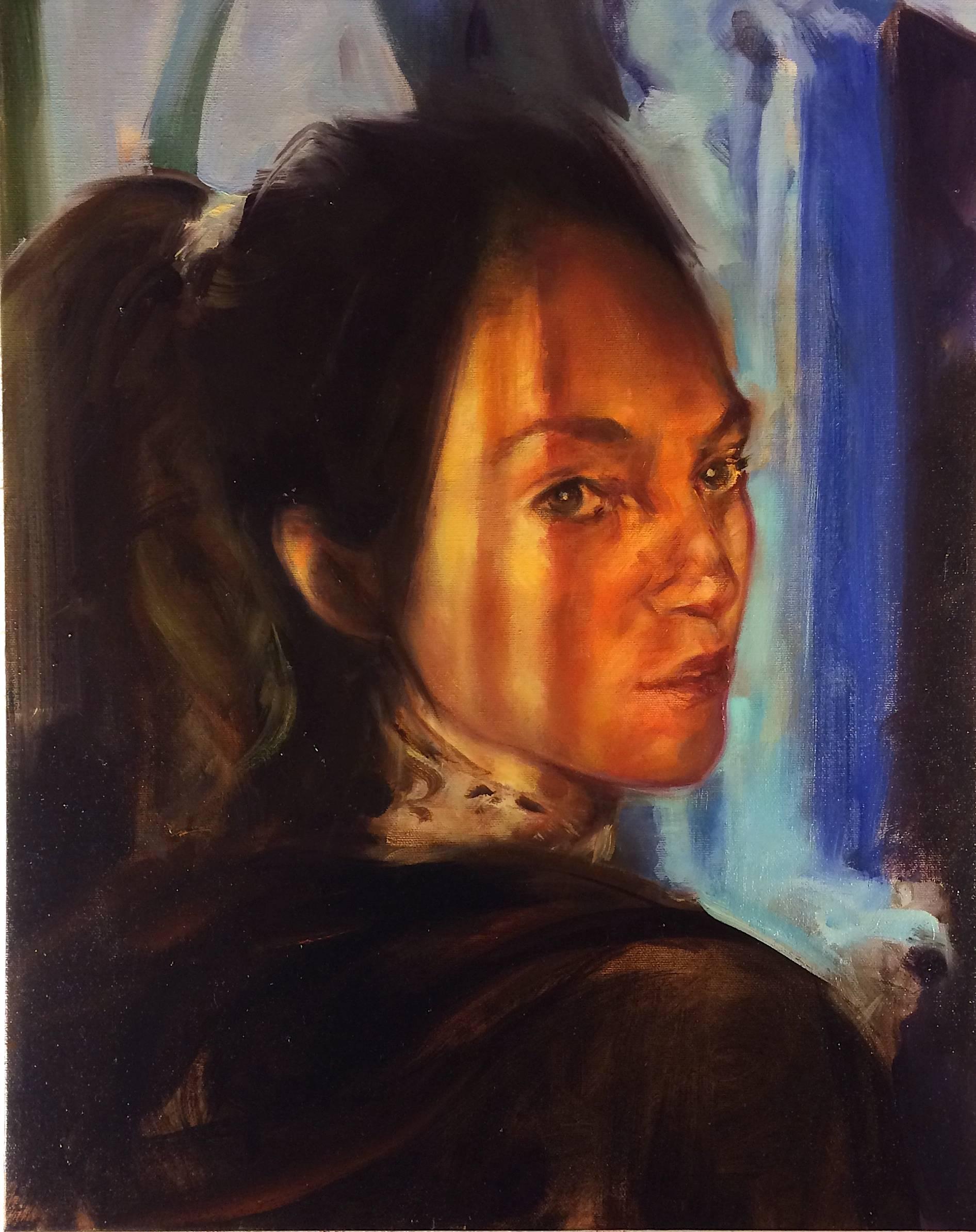 Marilyn McAvoy Figurative Painting - Tess Looking Back, figurative oil painting on canvas