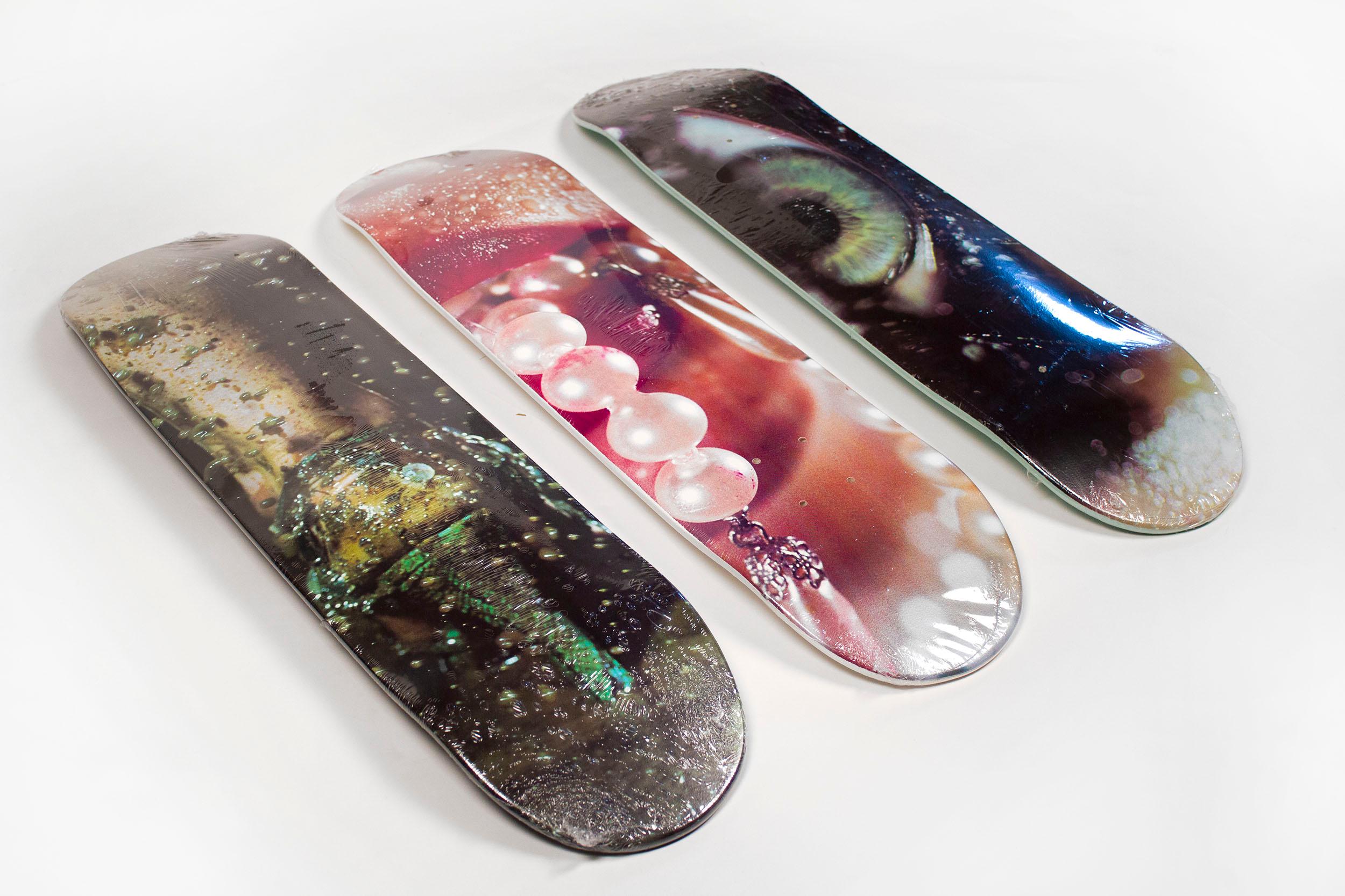 Rare complete set of three full color printed skate decks by Marilyn Minter for Supreme. 
Published by Supreme New York in 2008

Retains original shrinkwrap.