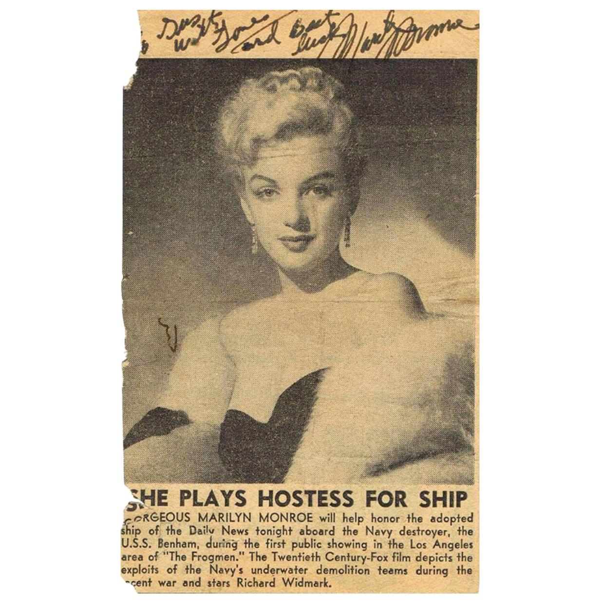 Marilyn Monroe 1951 Autographed Newspaper Clipping Black and White