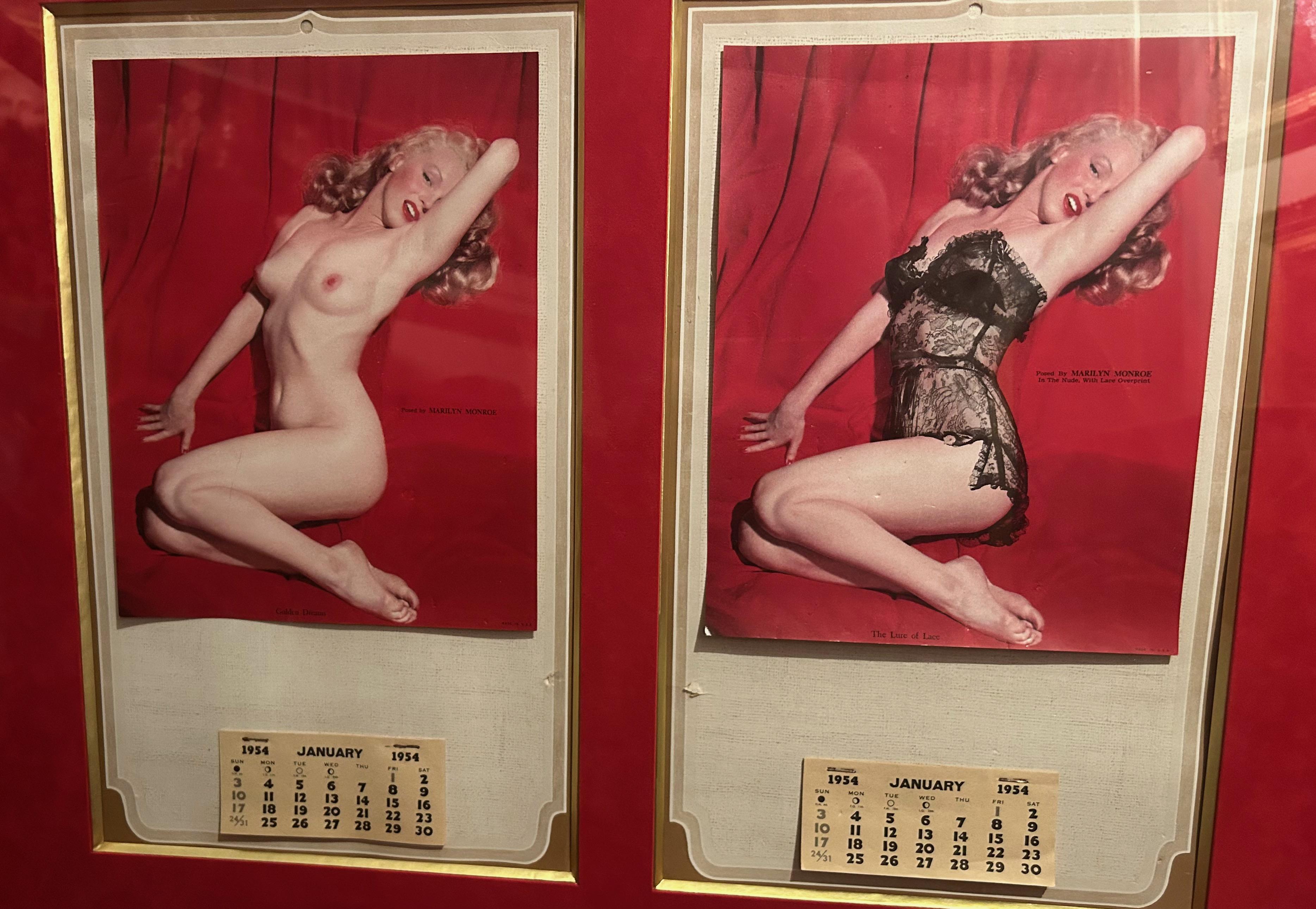 Marilyn Monroe Calendar 1954
Two calendar pages from 1954 with day planners of Marilyn Monroe in nude posing and then dressed in fine lingerie using a special device. 
One bears the words 
