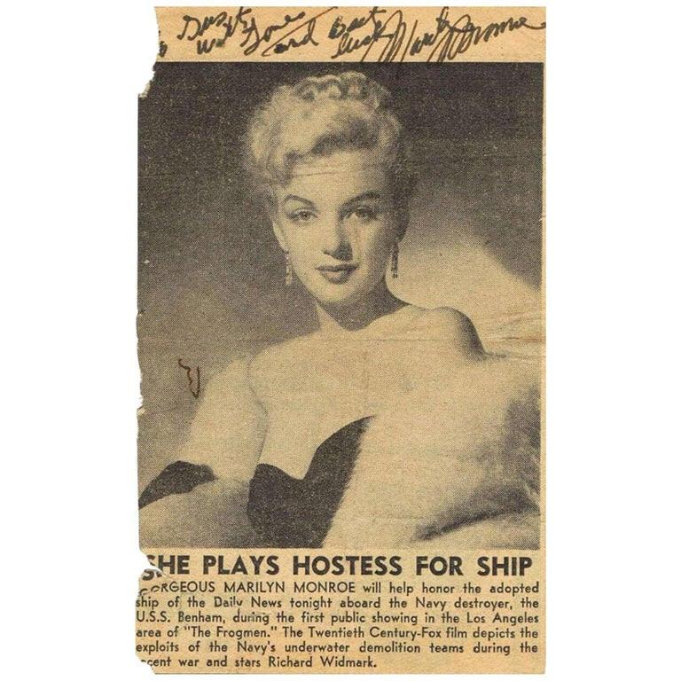 Paper Marilyn Monroe 1951 Autographed Newspaper Clipping Black and White