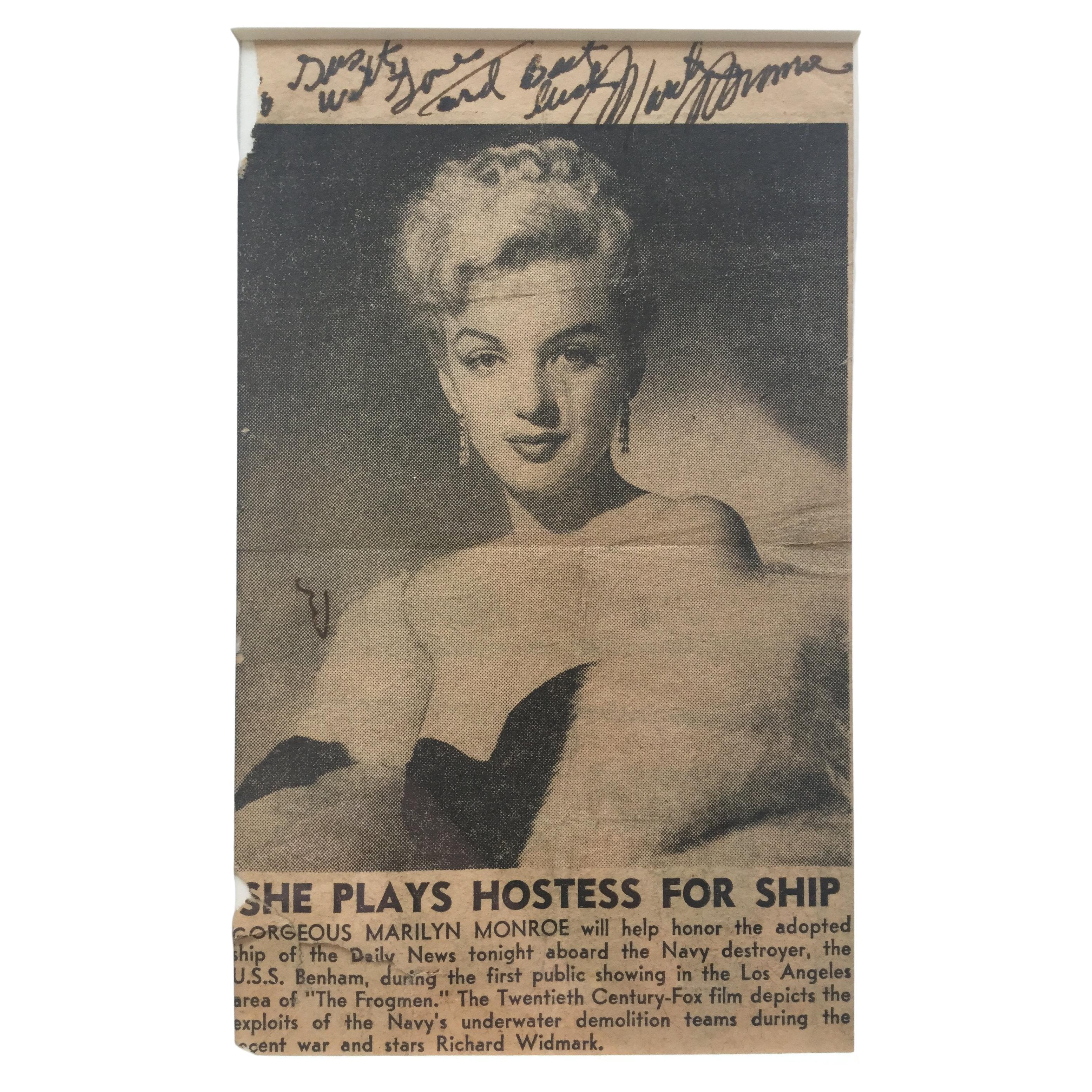 Marilyn Monroe Autographed Newspaper Clipping