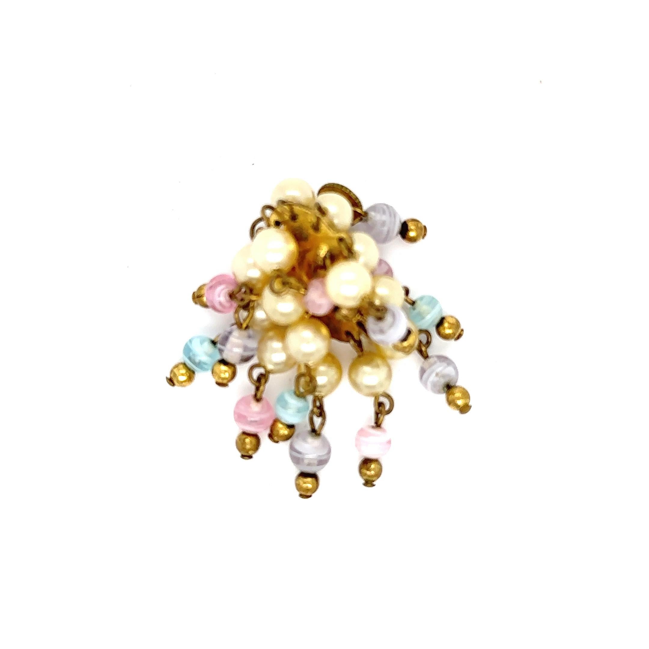 Single earring with dangling strands of pearl, pink and blue beads signed twice on the back of the earring and on the screw post back 