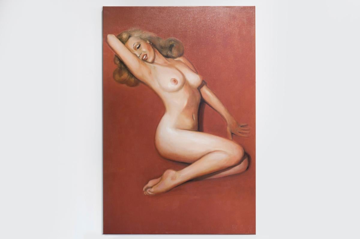 Beautiful painting by Dutch / Bulgarian Painter Angelika Bes.
The painting in Pin Up style is based on the famous 'Red velvet series' made by photographer Tom Kelley in 1949 when Marilyn wasn't yet famous..
4 years later Hugh Hefner used these