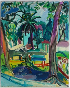 Vintage American Modernist Tropical Sparse Landscape Original Oil Painting