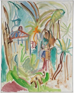 Vintage American Modernist Sparse Tropical Landscape Dog Original Oil Painting