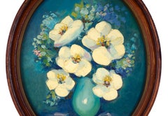 Vintage Floral Still Life - White Flowers on Blue Background by Marilyn Shanto