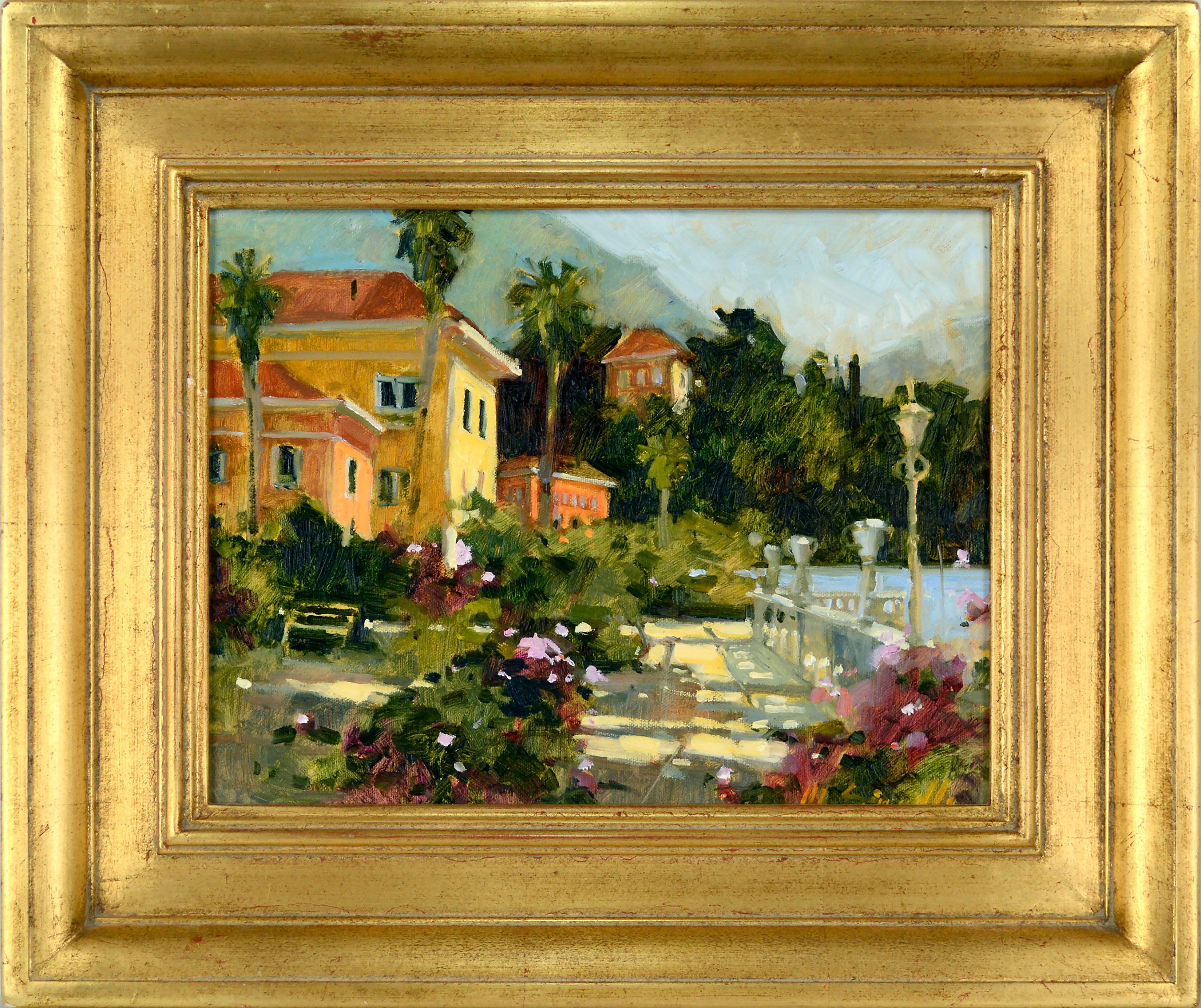 Marilyn Simandle Landscape Painting - "Grand Hotel, Bellagio" Lake Como, Italy Small-Scale Garden Landscape 