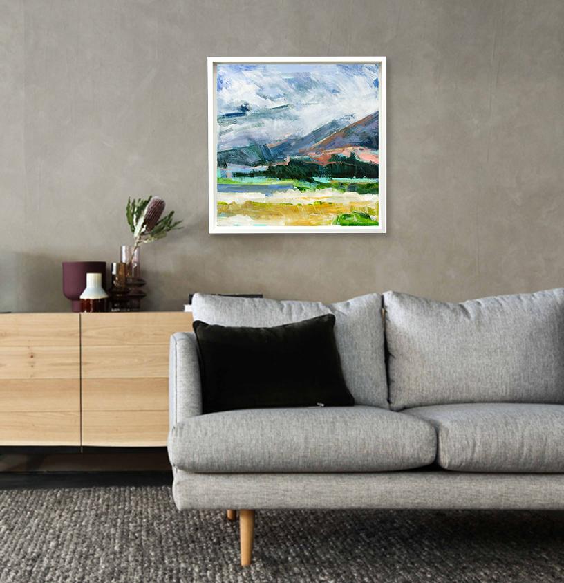 Cloudy Hills & Fields & Three Trees, original painting, contemporary, landscape - Contemporary Painting by Marilyn Simler
