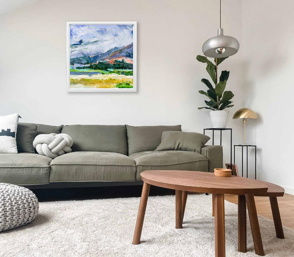 Cloudy Hills & Fields
The west side of the South Island in New Zealand has a ridge of hills and mountains that have evolved from volcanic activity over many ages. This paintings shows two steep ridges ascending from the flat plains below. Low