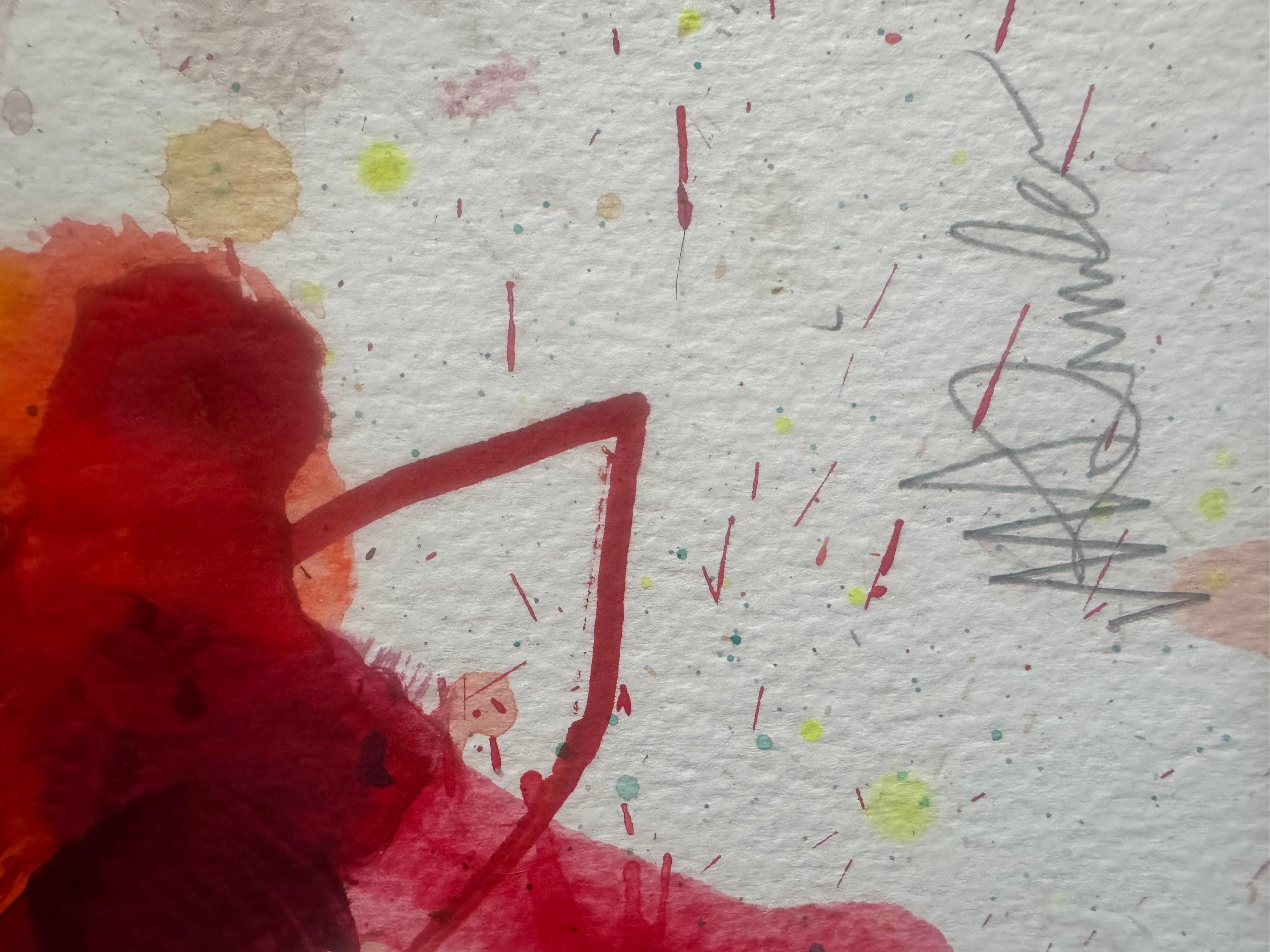 Teil einer Serie von vier Gemälden in Mischtechnik, die Aquarell, Acryl, Zeichnung und Collage umfassen. Sie basieren auf den prächtigen Farben, Texturen und Formen der Dahlien. Meine Herangehensweise ist instinktiv und gestisch, was mir die