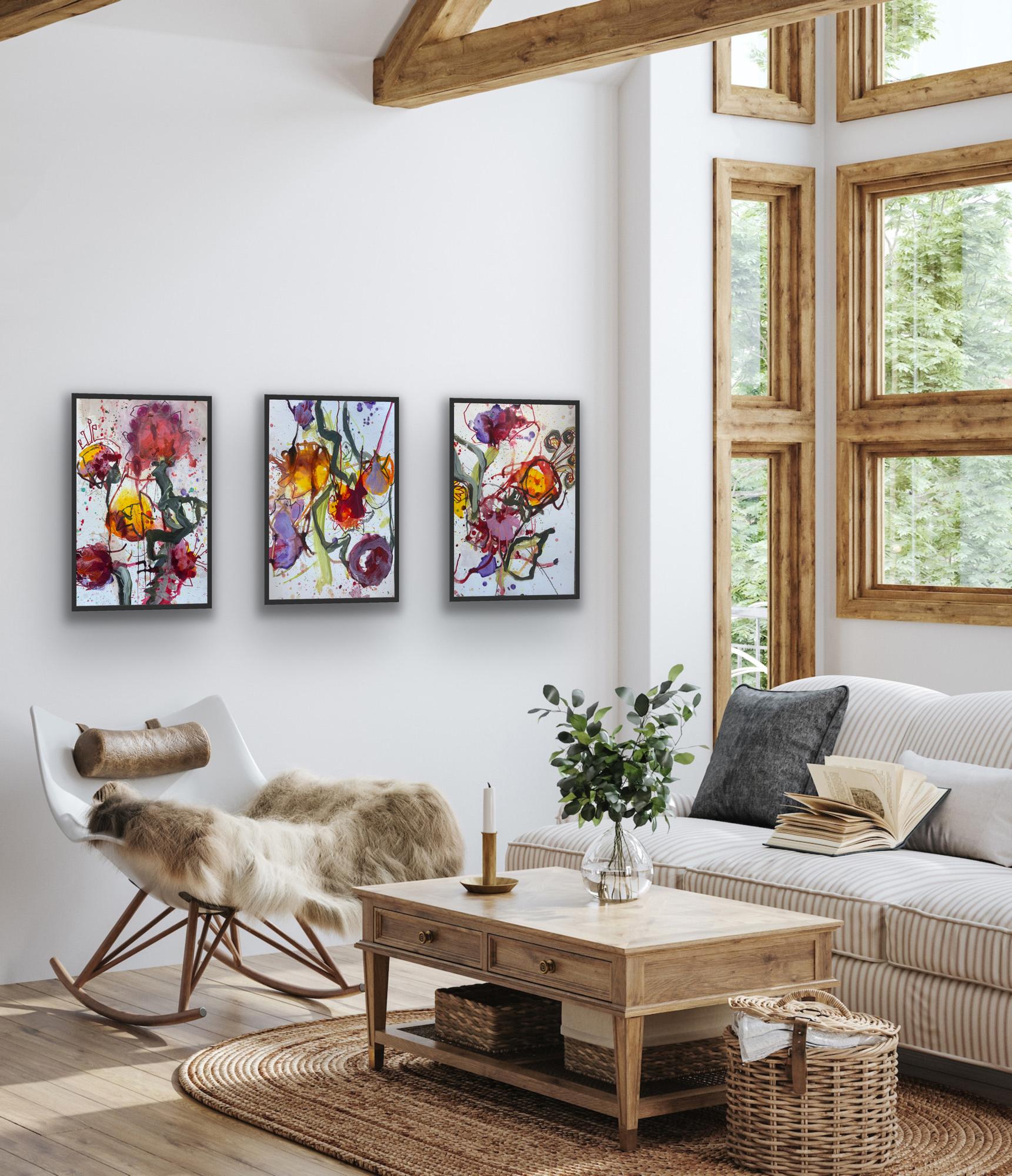 Marilyn Simler Still-Life Painting – Dahlienserie, Triptychon, Originalgemälde, floral, zeitgenössisch