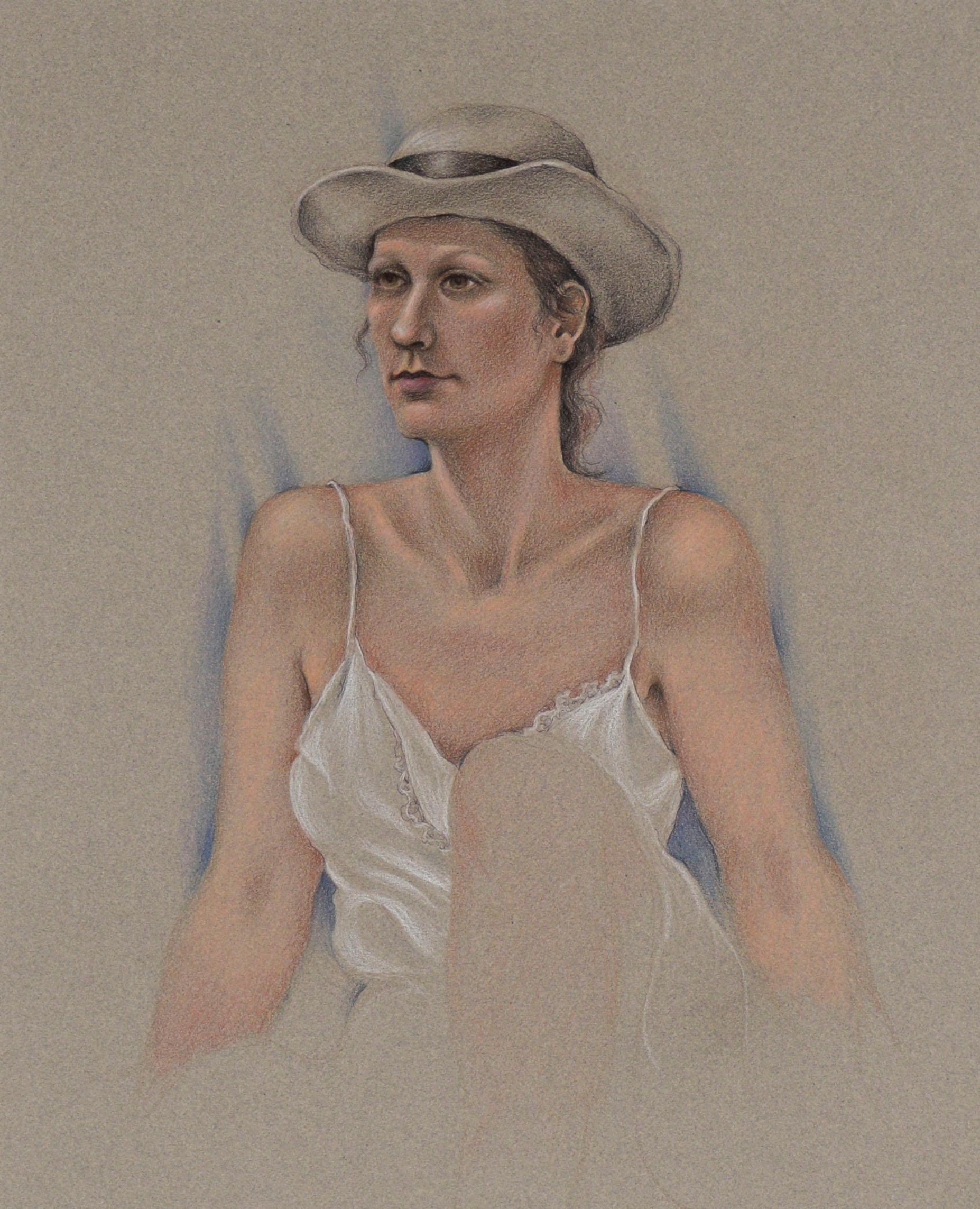Ritratto di donna in abito bianco - Pastello su carta - Art di Marilyn Thompson 