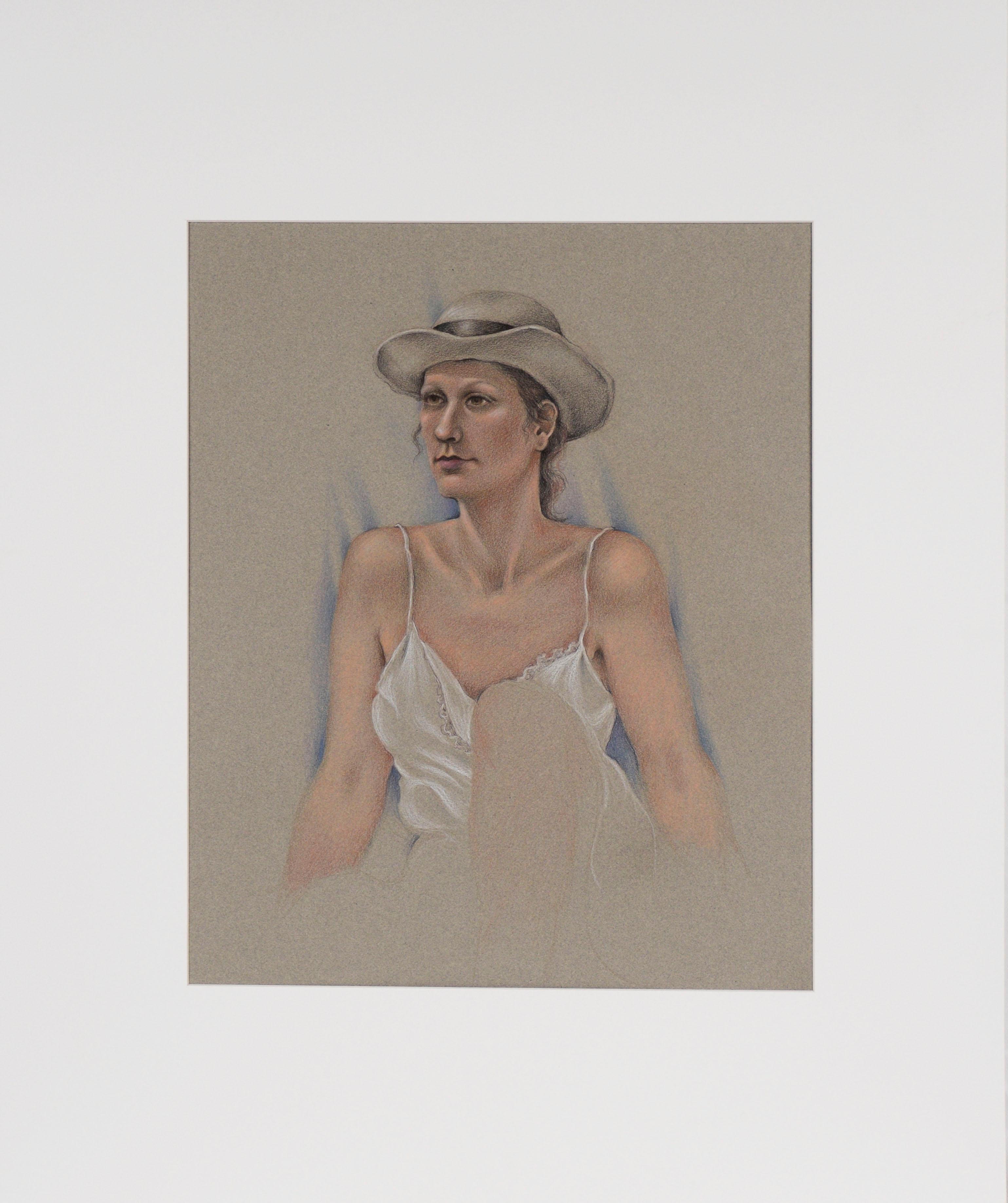 Portrait d'une femme en robe blanche - Pastel sur papier