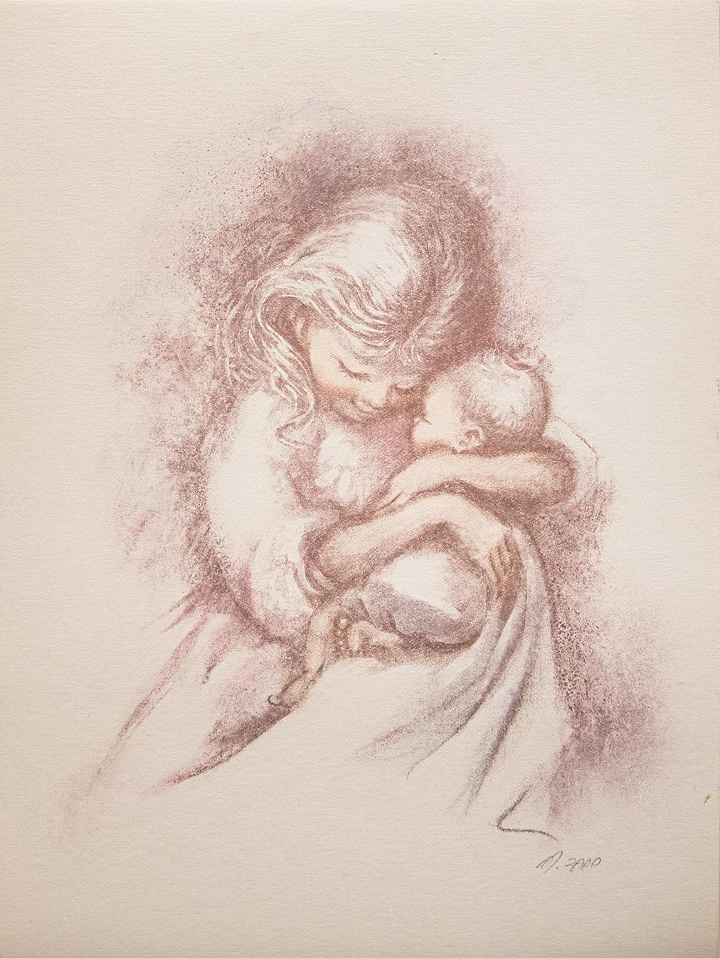 "Child With Newborn" Signed Lithograph - Print by Marilyn Zapp