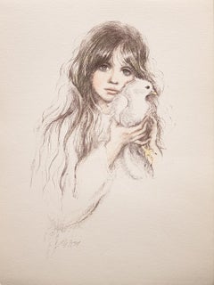 Vintage "Girl With Chick" Signed Lithograph 