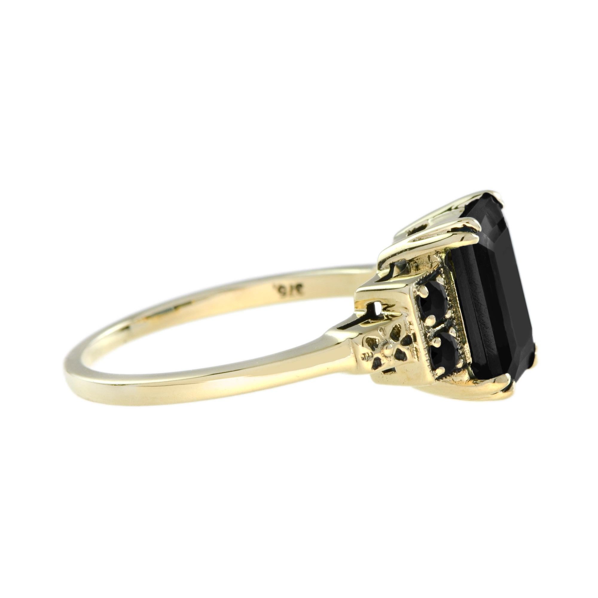 Emerald Cut Marin Deep Sea Onyx Solitaire 14K Yellow Gold Ring For Sale