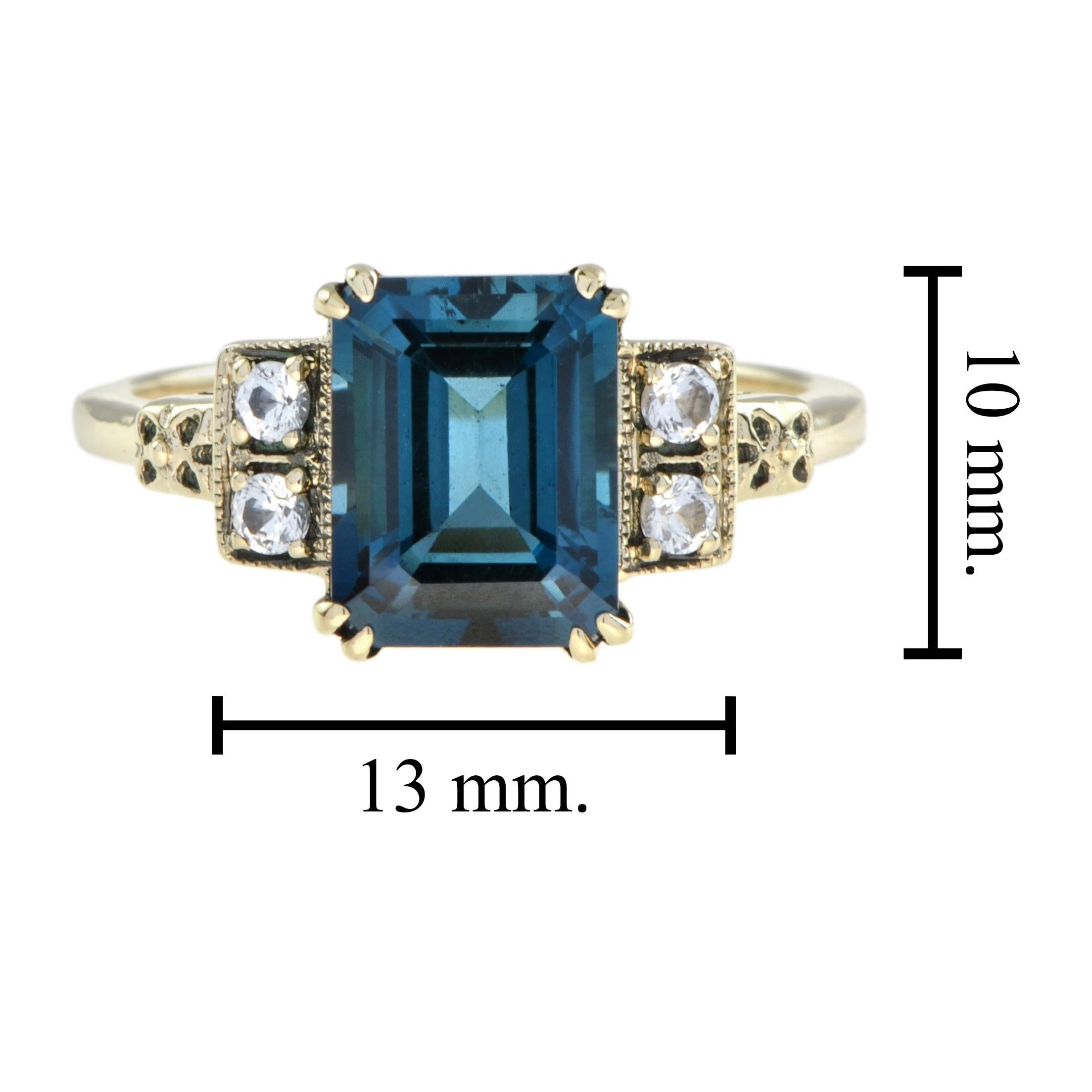 Women's Marin Emerald Cut London Blue and White Sapphire Engagement Ring in 9K Gold For Sale