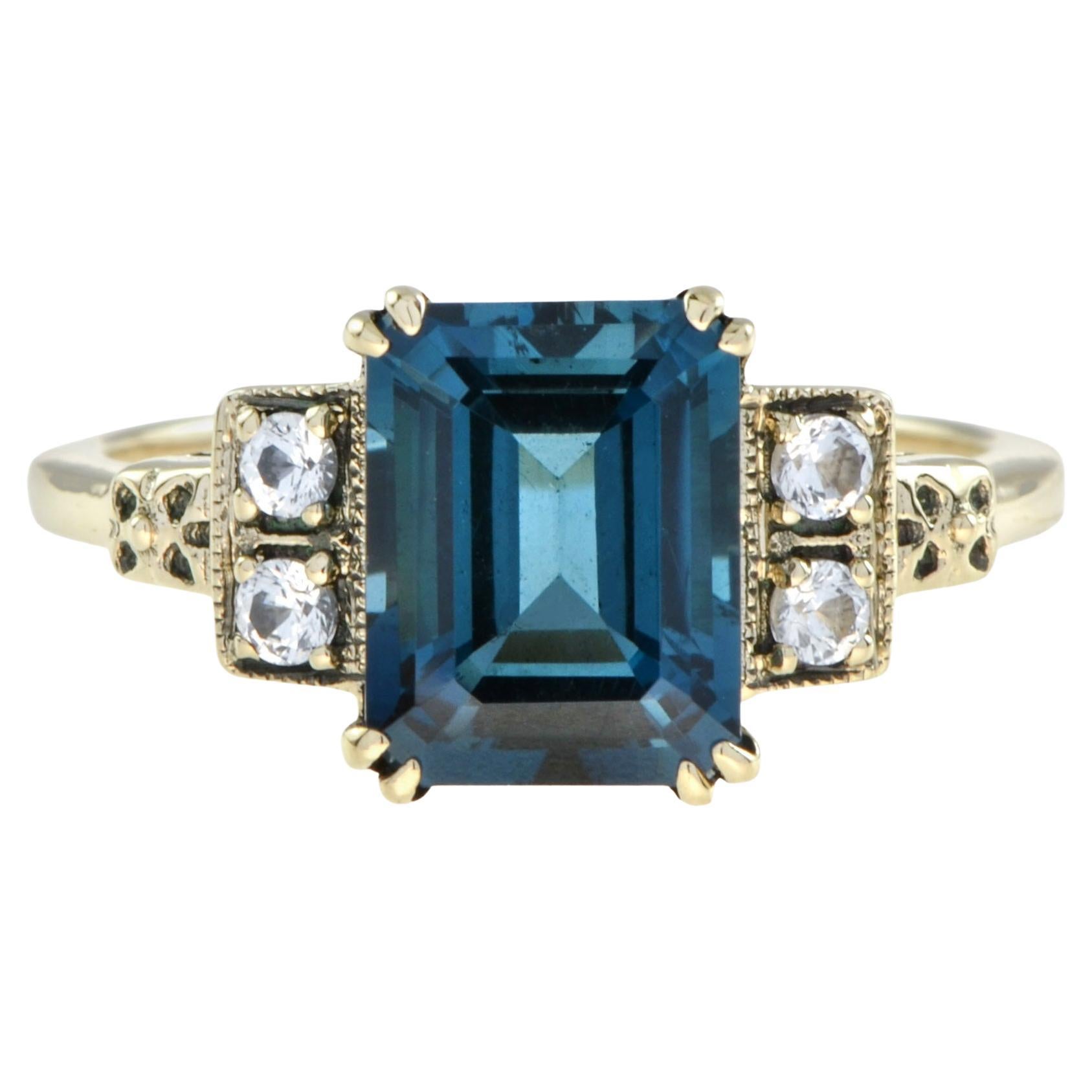 Marin Emerald Cut London Blue and White Sapphire Engagement Ring in 9K Gold For Sale