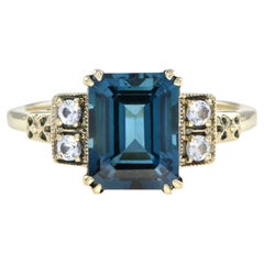 Antique Marin Emerald Cut London Blue and White Sapphire Engagement Ring in 9K Gold