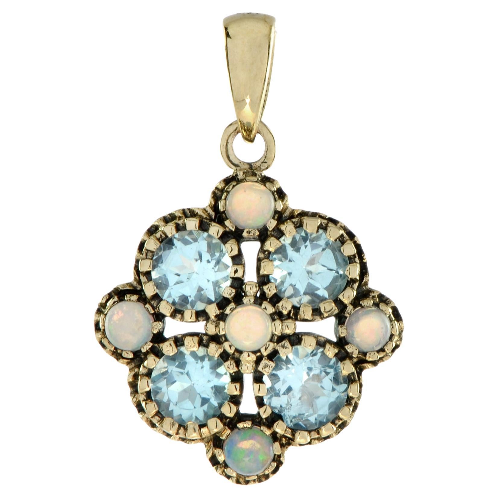 Marin Fleur Blue Topaz and Opal Cluster Pendant in 14K Yellow Gold