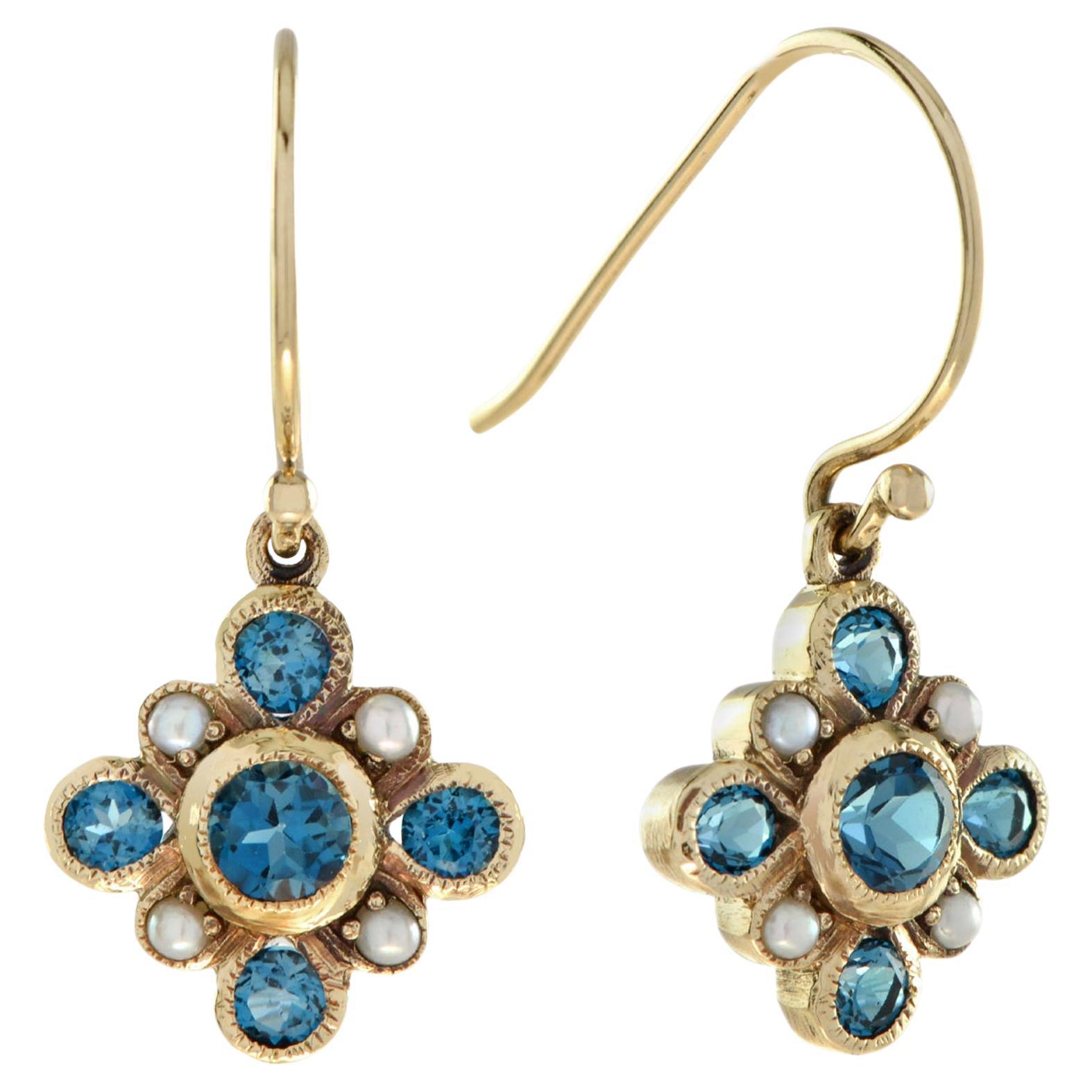 Marin Fleur London Blue Topaz and Pearl Drop Earrings in 9K Yellow Gold