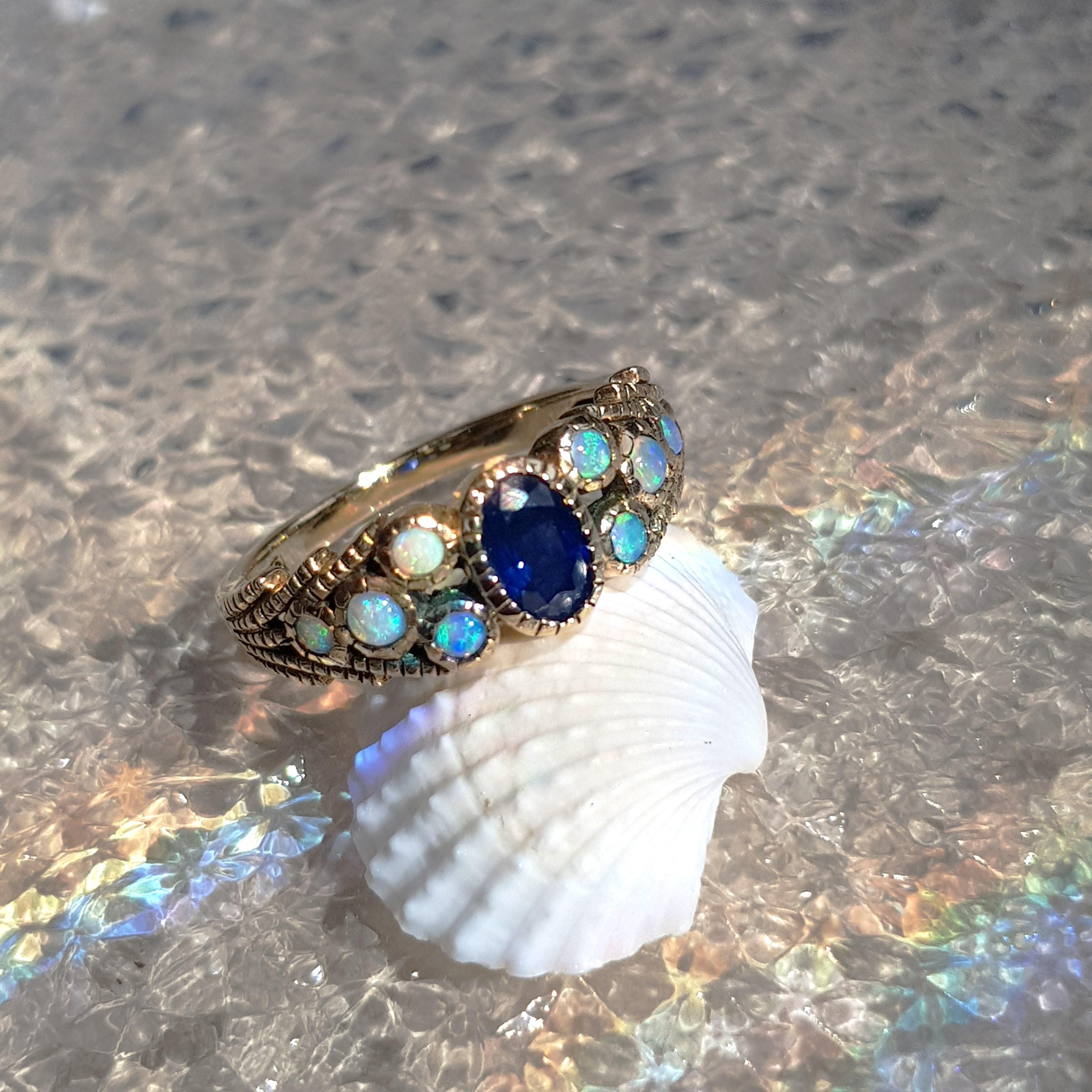 Marin Fleur Oval Blue Sapphire and Opal Ring in  9K Yellow Gold 2