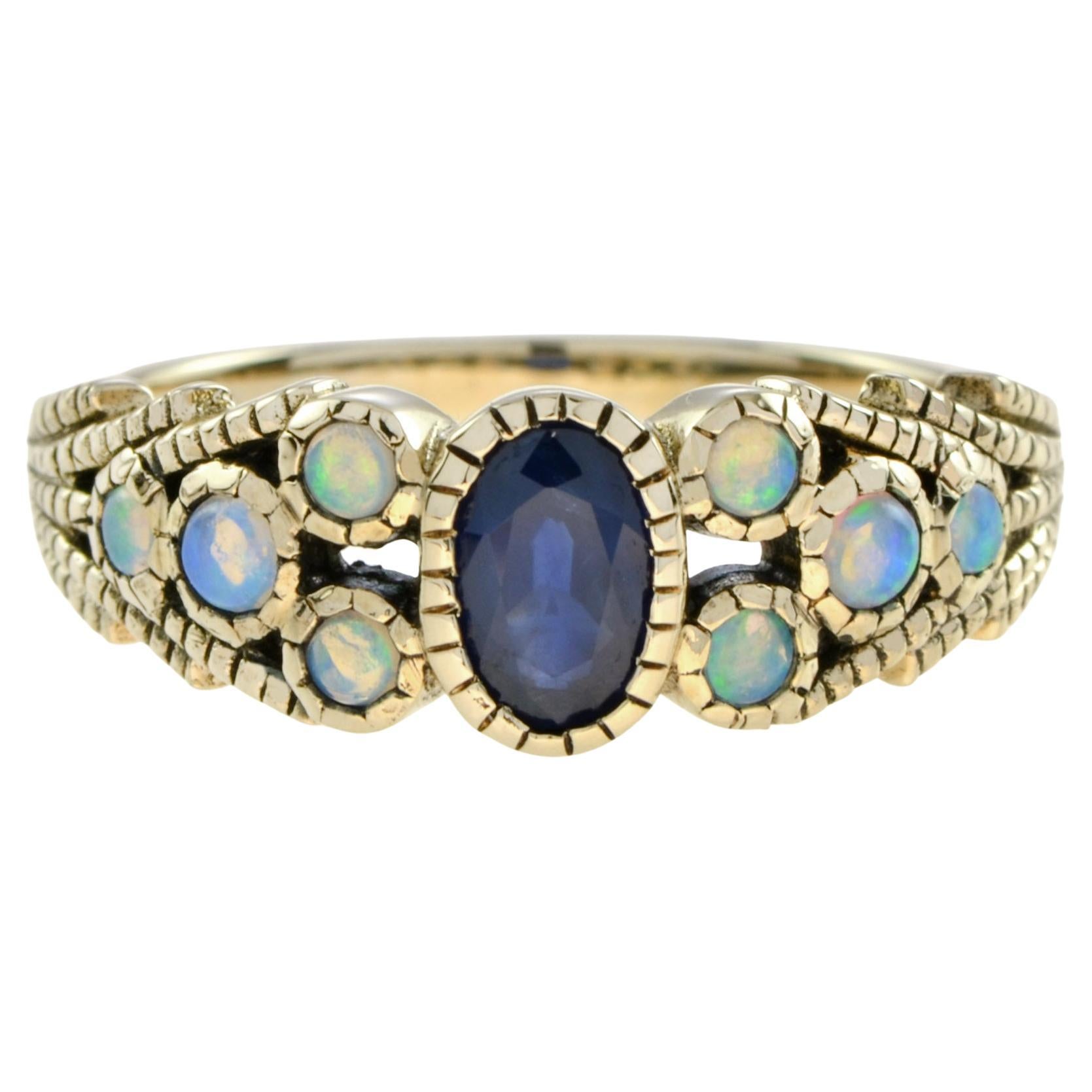 Marin Fleur Oval Blue Sapphire and Opal Ring in  9K Yellow Gold