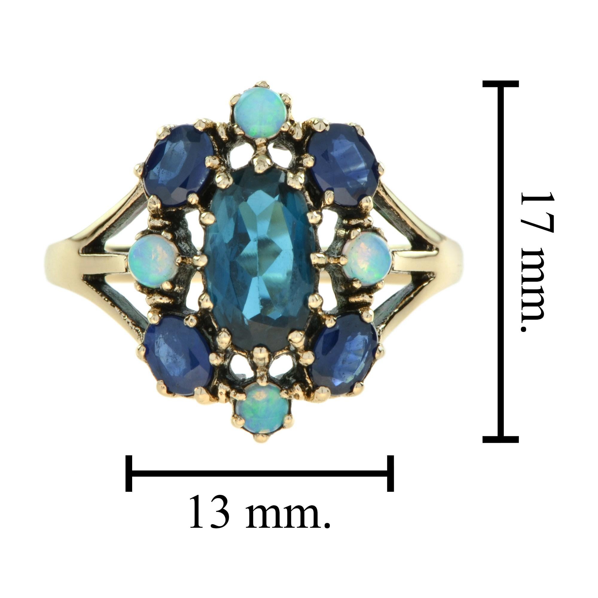 Oval Cut Marin Fleur Oval London Blue Topaz with Sapphire and Opal Ring in 9K Yellow Gold