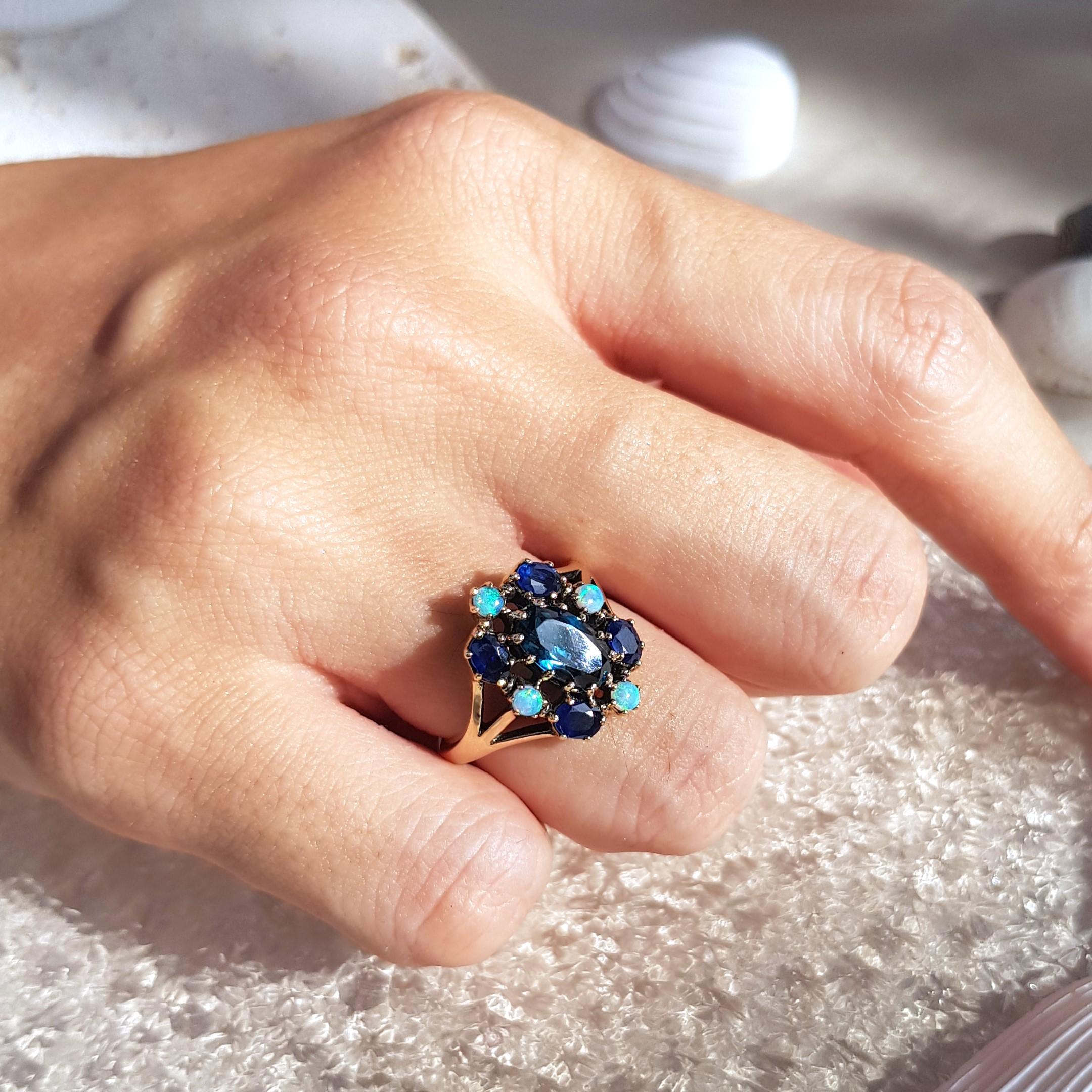 Women's Marin Fleur Oval London Blue Topaz with Sapphire and Opal Ring in 9K Yellow Gold