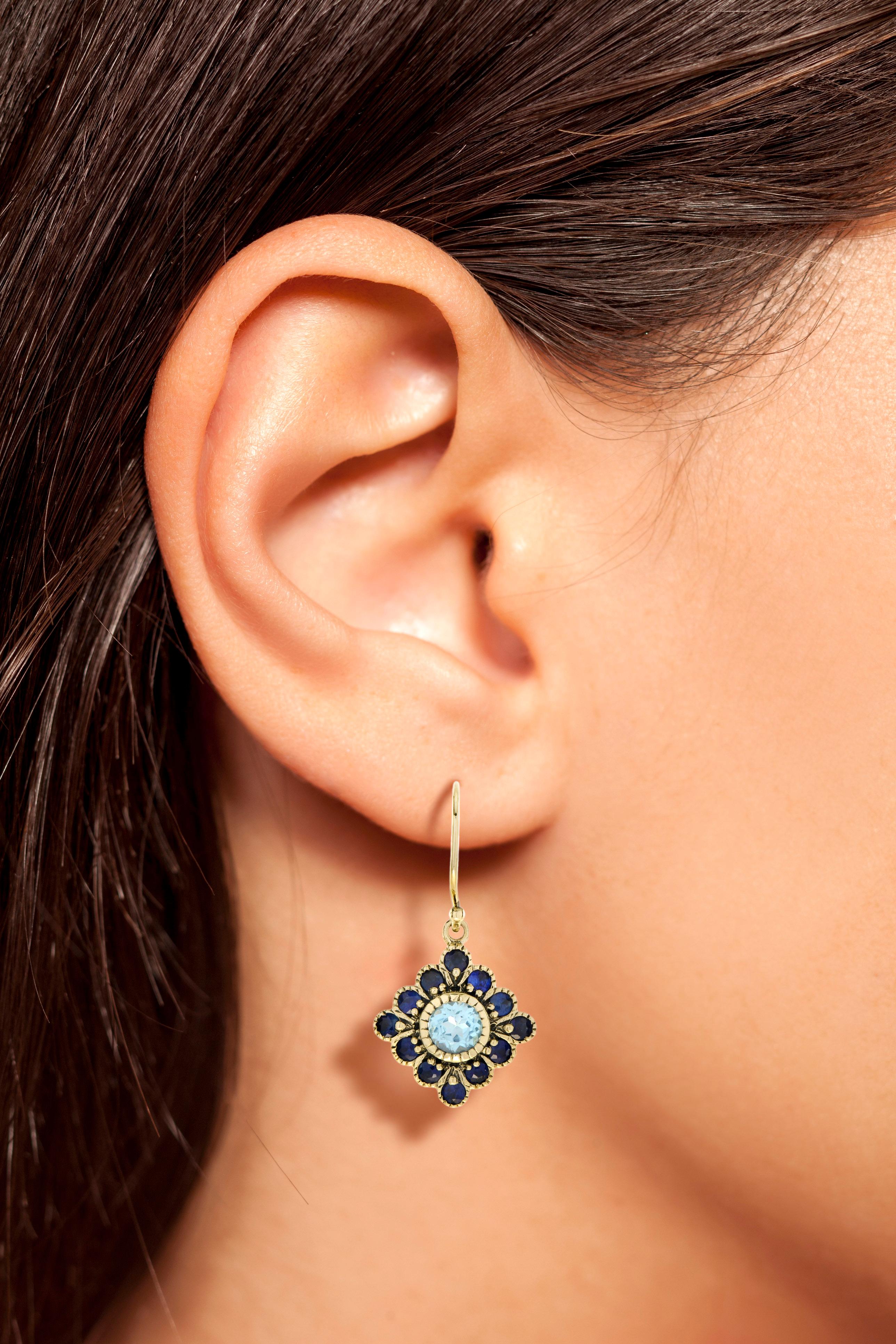 Round Cut Marin Fleur Round Sky Blue Topaz and Sapphire Drop Earrings in 9K Yellow Gold